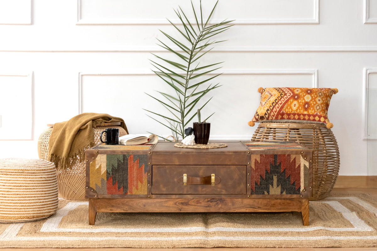 Sojat kilim and leather coffee table, front view with leather drawer and kilim panels on a solid wood plinth, by Art Avenue