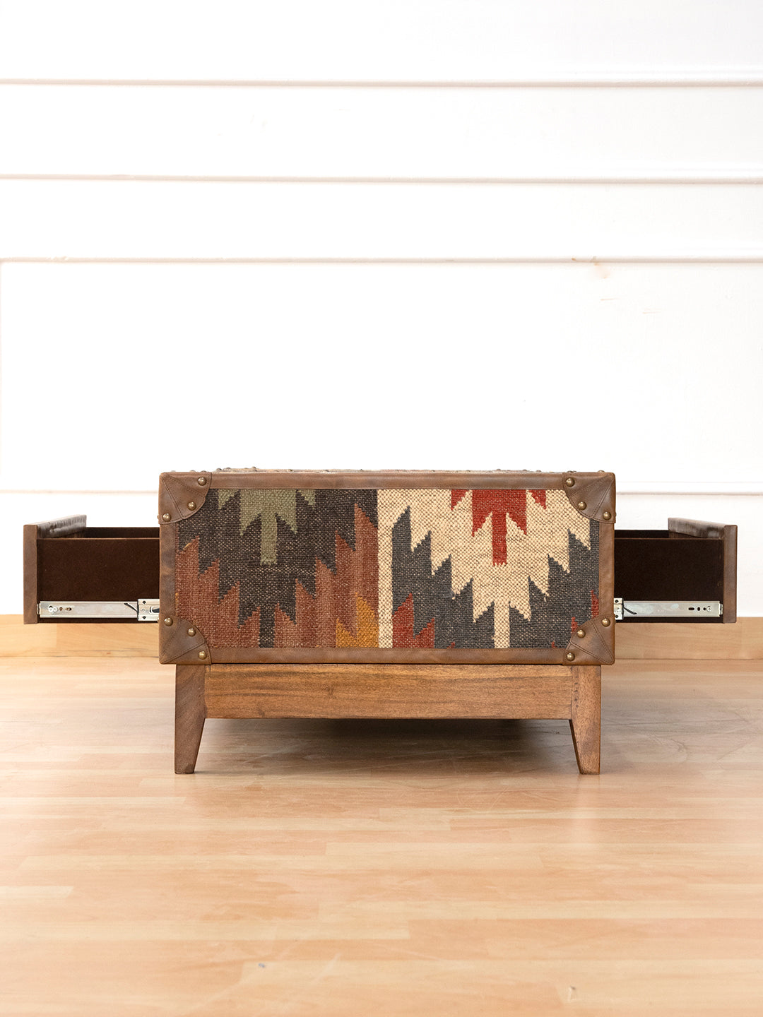 Sojat coffee table by Art Avenue, end view with both opposing drawers pulled open