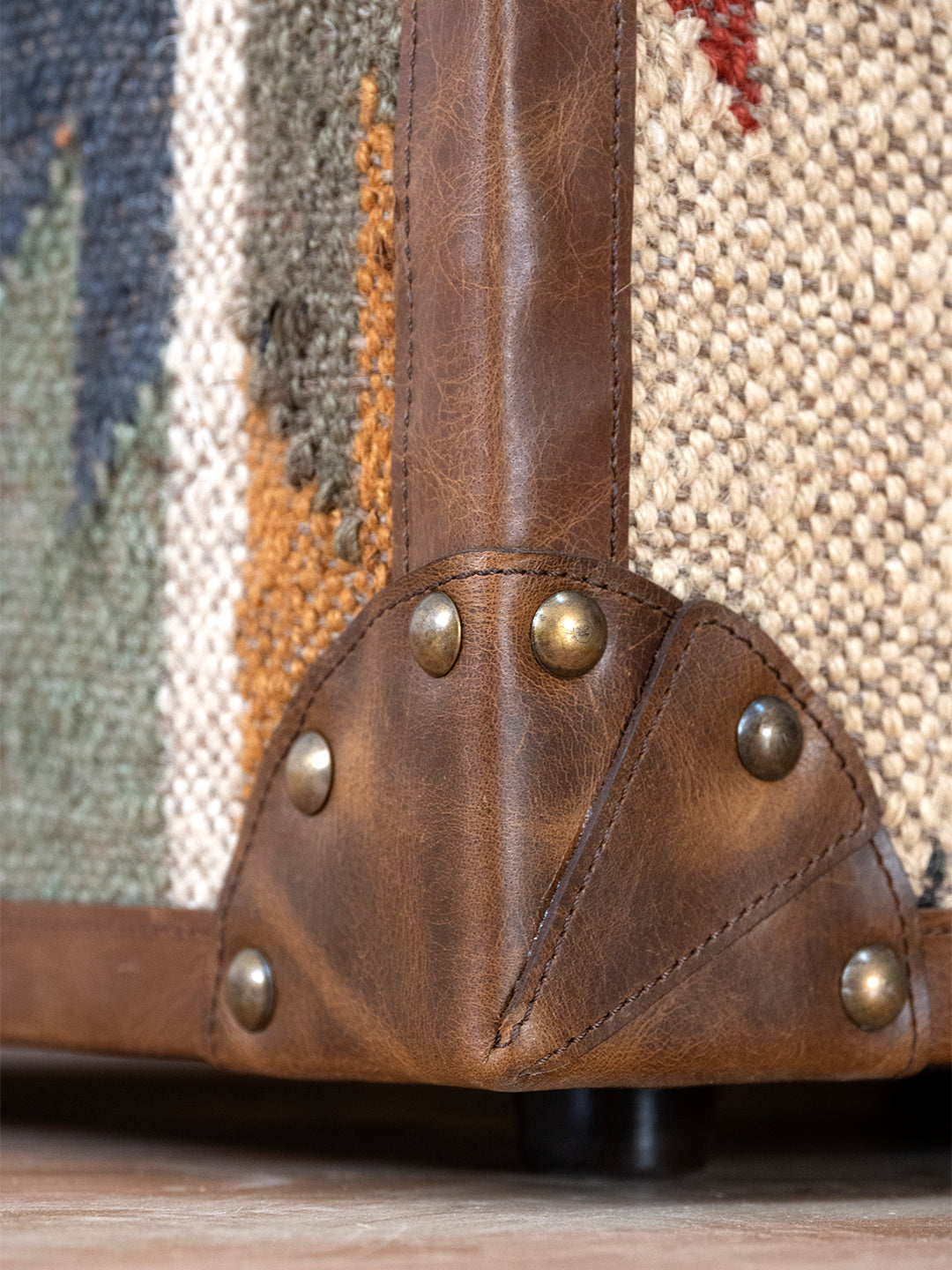 Jaisalmer Campaign Trunk — handcrafted leather and kilim trunk by Art Avenue, corner detail