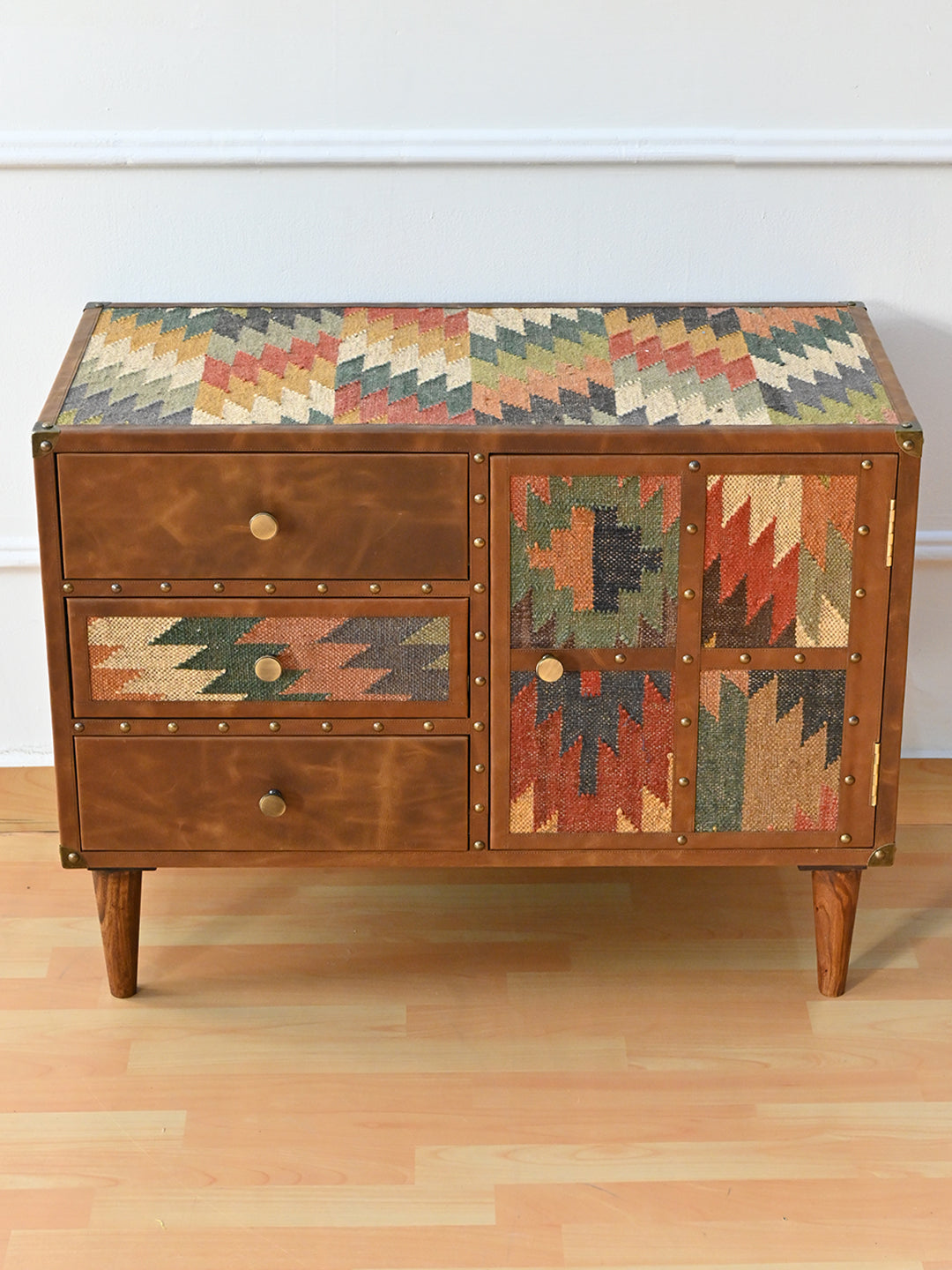 Kanota sideboard by Art Avenue seen from above, showing the vintage kilim panel across the top