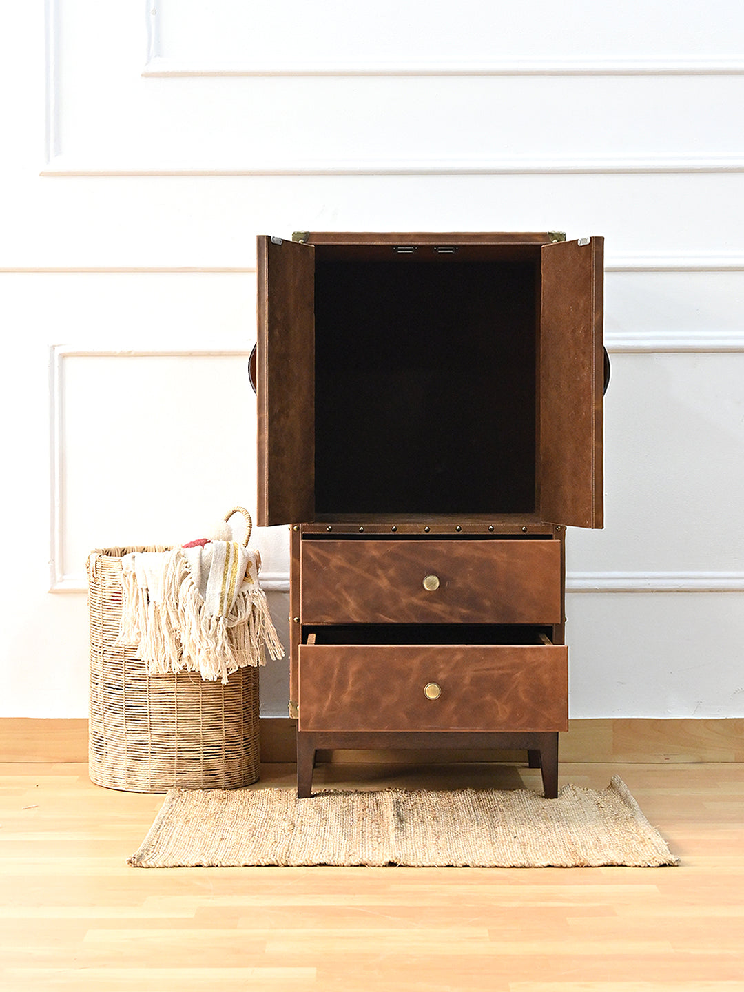 Shalimar cabinet open in a styled setting, doors folded back to the suede-lined interior — Art Avenue