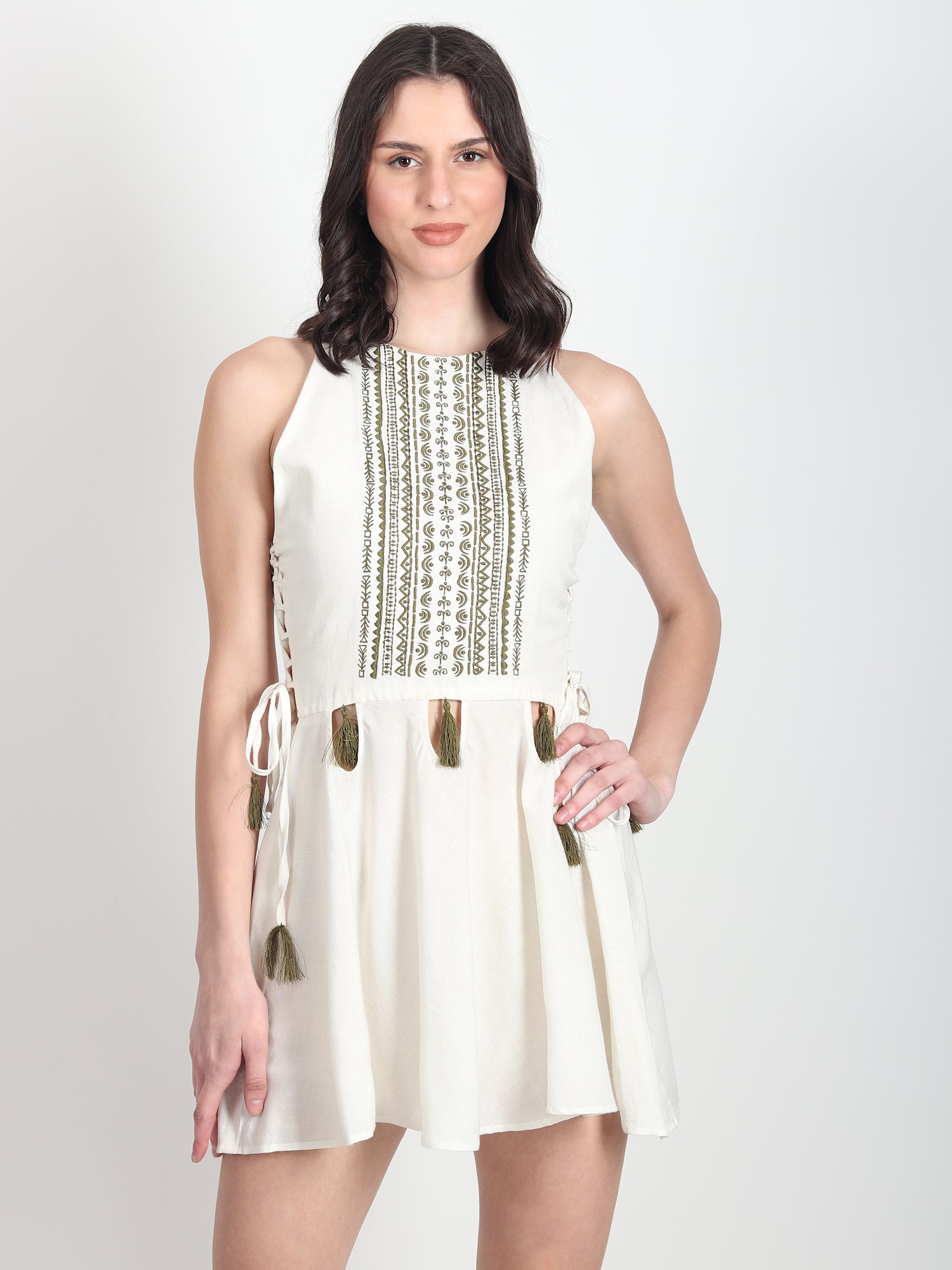Art Avenue Women's Aurora White & Mehndi Embroidered Dress With Tassel - ART AVENUE