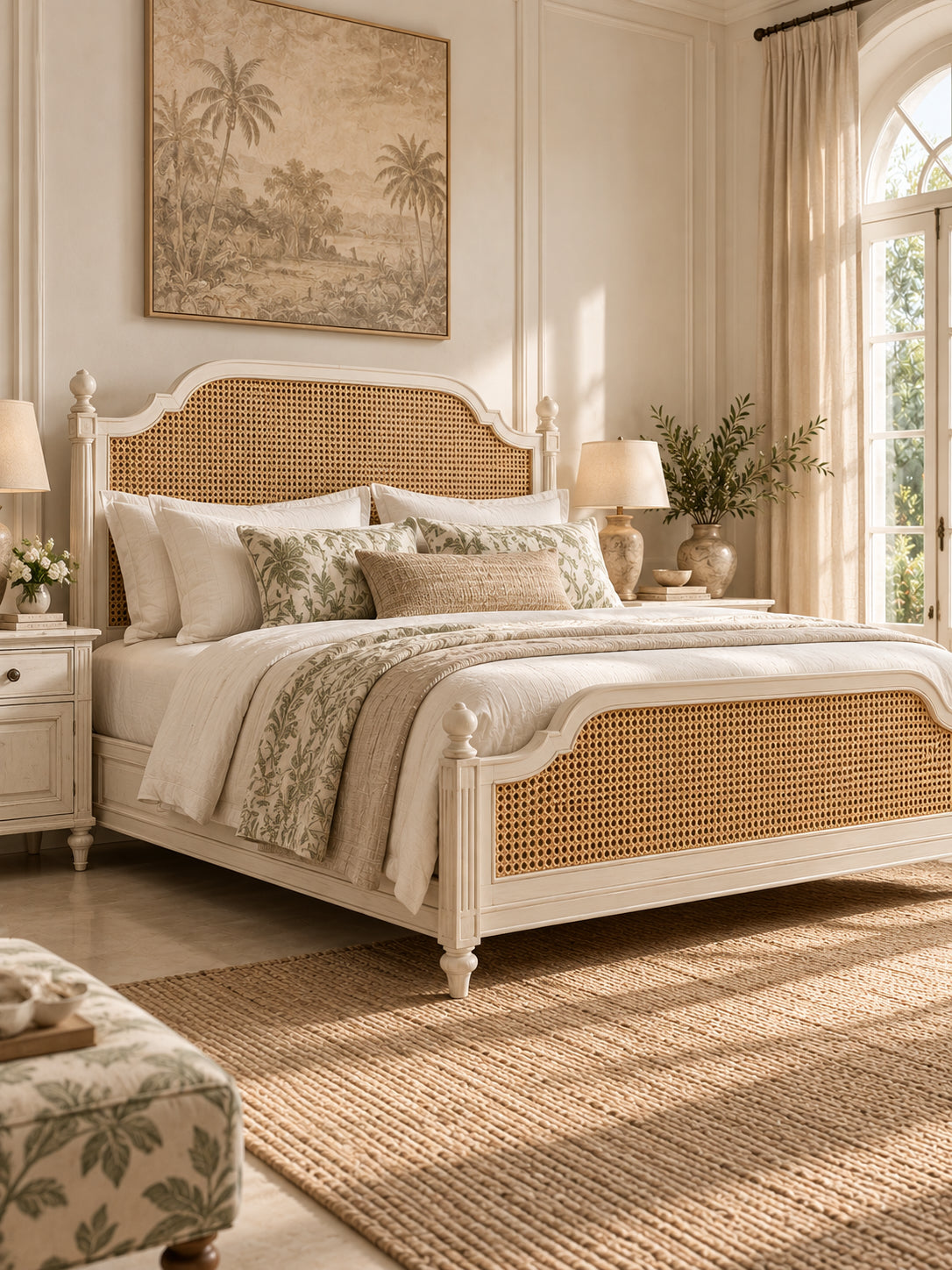 Assagao Rattan Storage Bed in Antique Ivory with hand-woven rattan cane and under-bed storage drawers. Art Avenue, made to order.