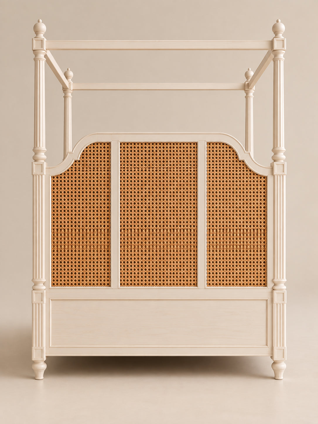 Back of the Coonoor Cane Four-Poster Bed headboard showing three cane panels divided by uprights over a solid lower panel — Art Avenue, made to order