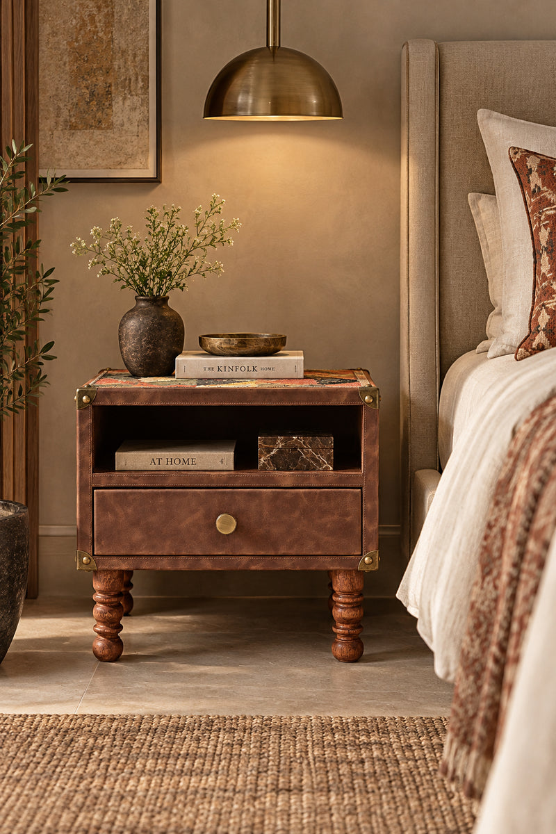Mahansar kilim and leather bedside table styled beside a bed, Art Avenue, made to order
