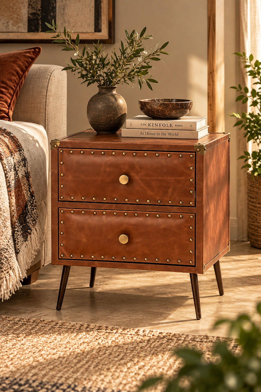 Kishangarh brown leather bedside table styled with a vase and books beside a sofa, splayed metal legs, Art Avenue