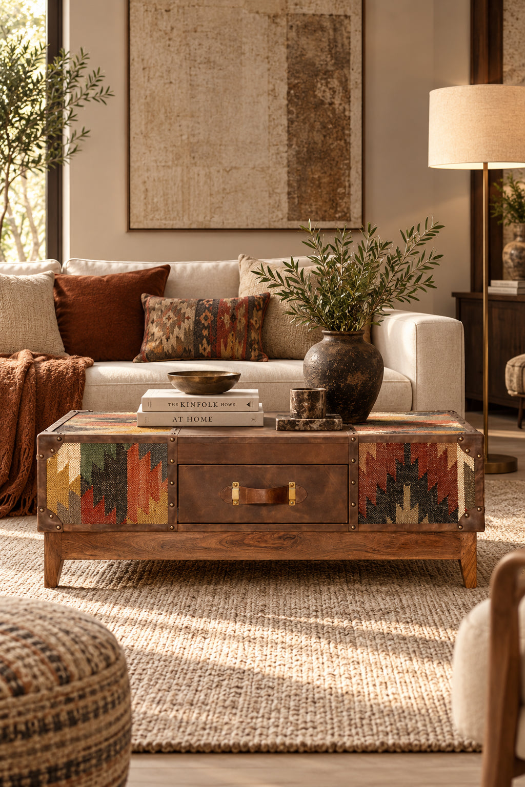 Sojat kilim and leather coffee table by Art Avenue in a living room with a linen sofa, made to order