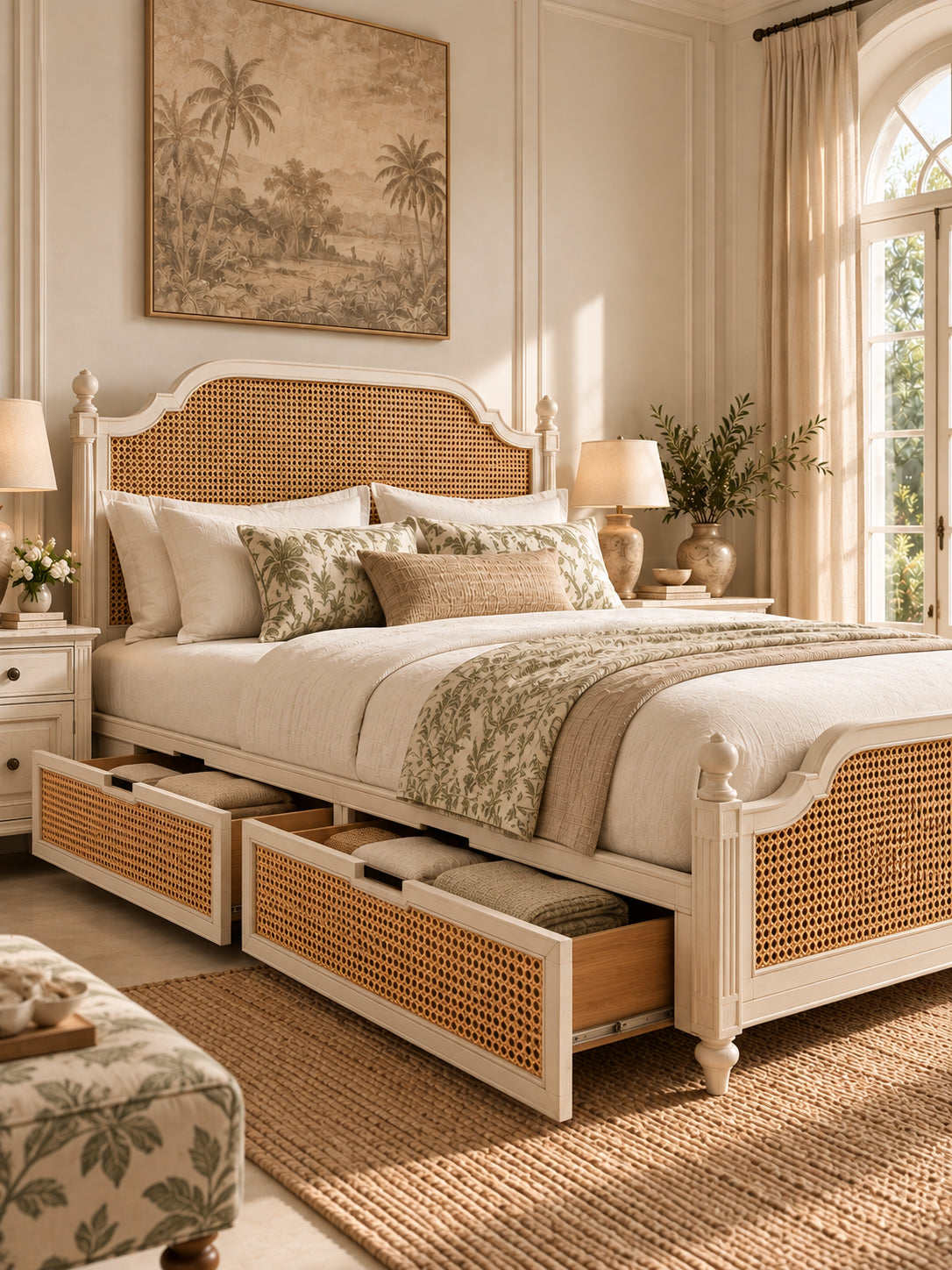 Assagao Rattan Storage Bed, three-quarter view with two cane-fronted drawers pulled out on full-extension runners, holding folded linen. Art Avenue, made to order.