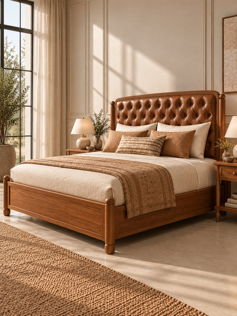 Dalhousie Buttoned Leather Bed in a sunlit panelled bedroom — deep-buttoned leather headboard with nailhead trim, turned solid wood posts with round finials and a low framed-panel footboard in Natural Teak. Art Avenue, made to order.
