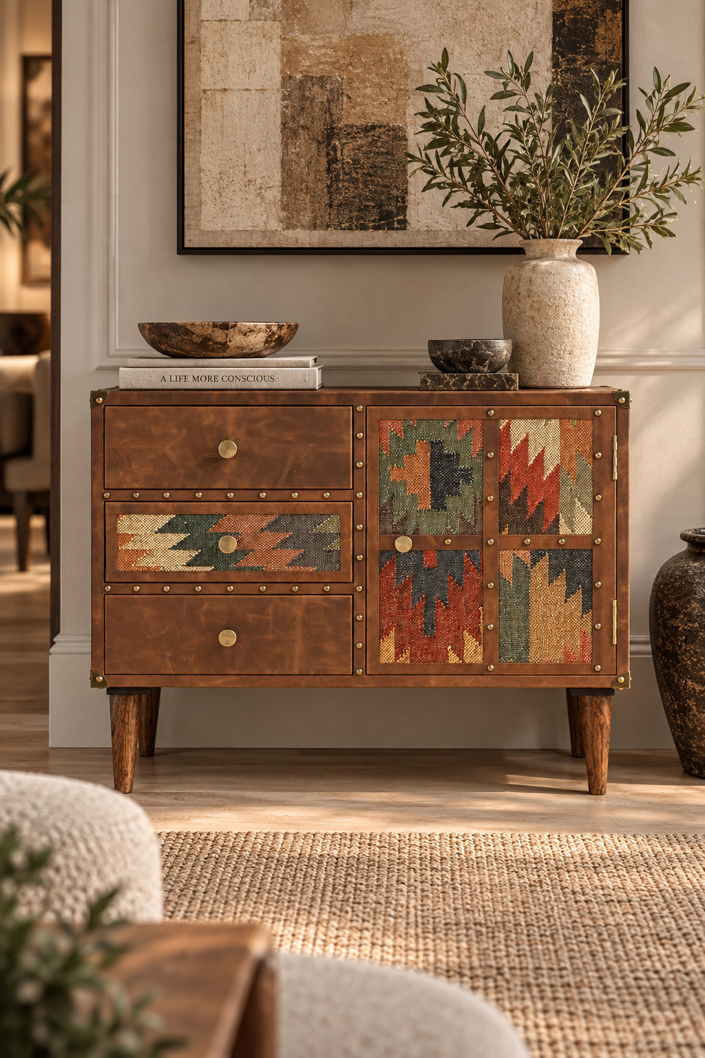 Kanota kilim and leather sideboard by Art Avenue, compact 90 cm sideboard with three drawers and a kilim-panelled door, made to order