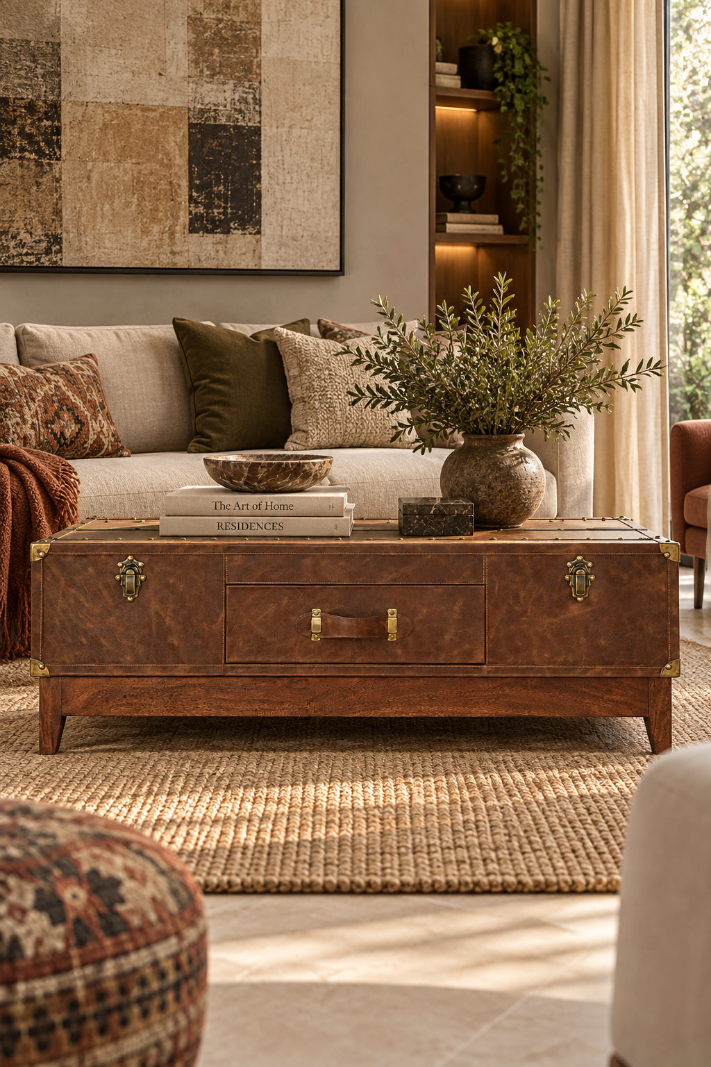 Nawalgarh leather trunk coffee table in a styled living room — Art Avenue, made to order