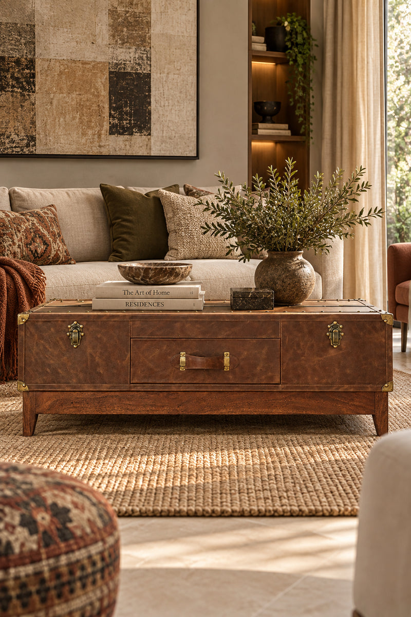 Nawalgarh leather trunk coffee table in a styled living room — Art Avenue, made to order