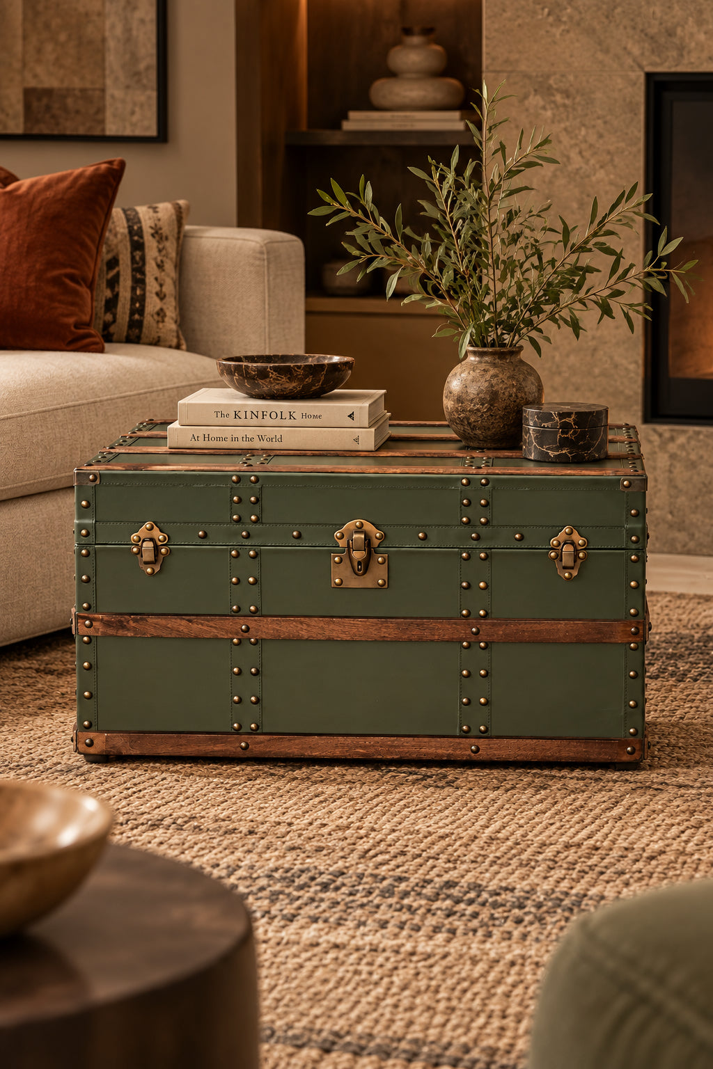 Neemrana leather steamer trunk with wood bands and metal fittings — Art Avenue, made to order
