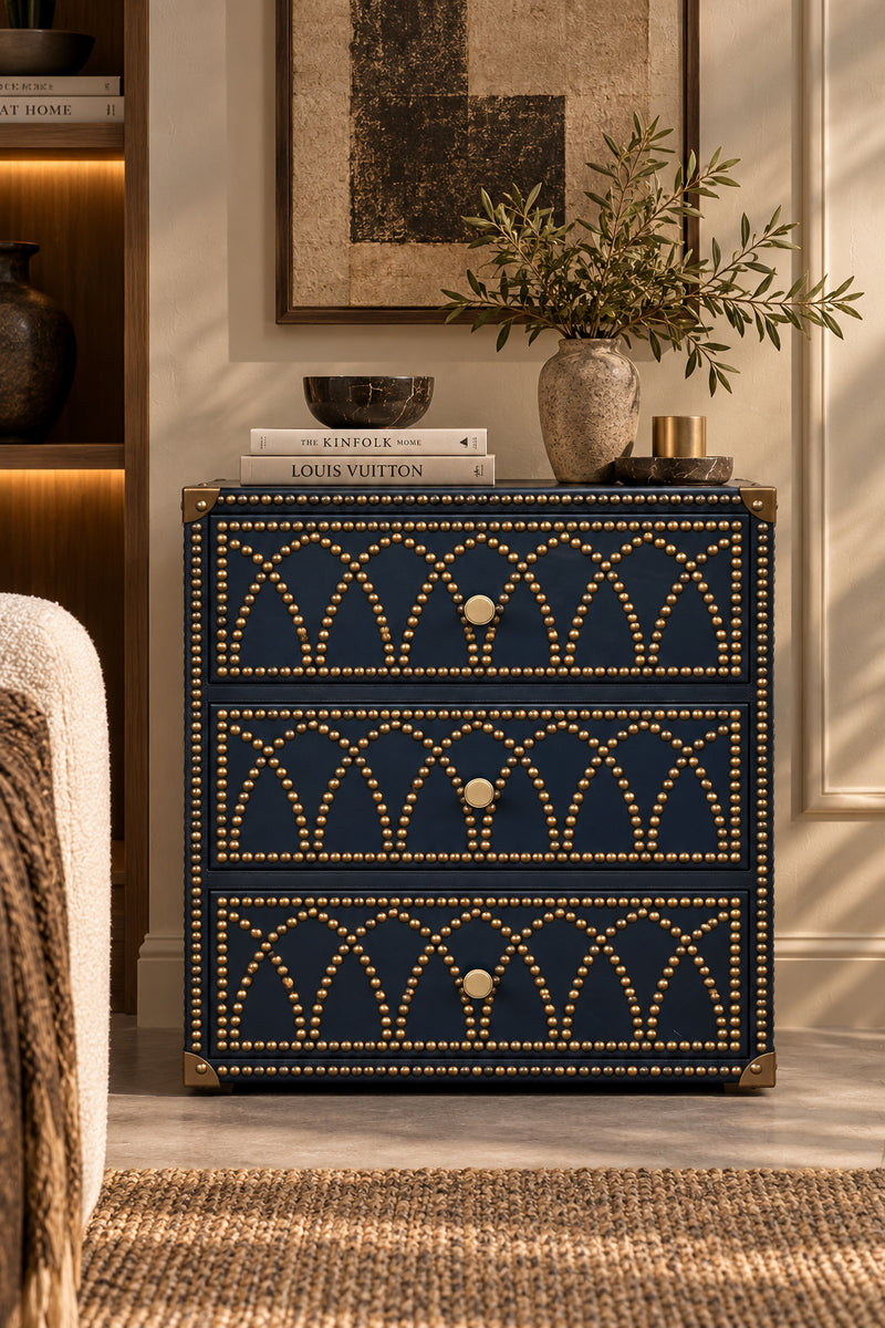Samode studded leather bedside chest, 55 by 55 by 60 cm