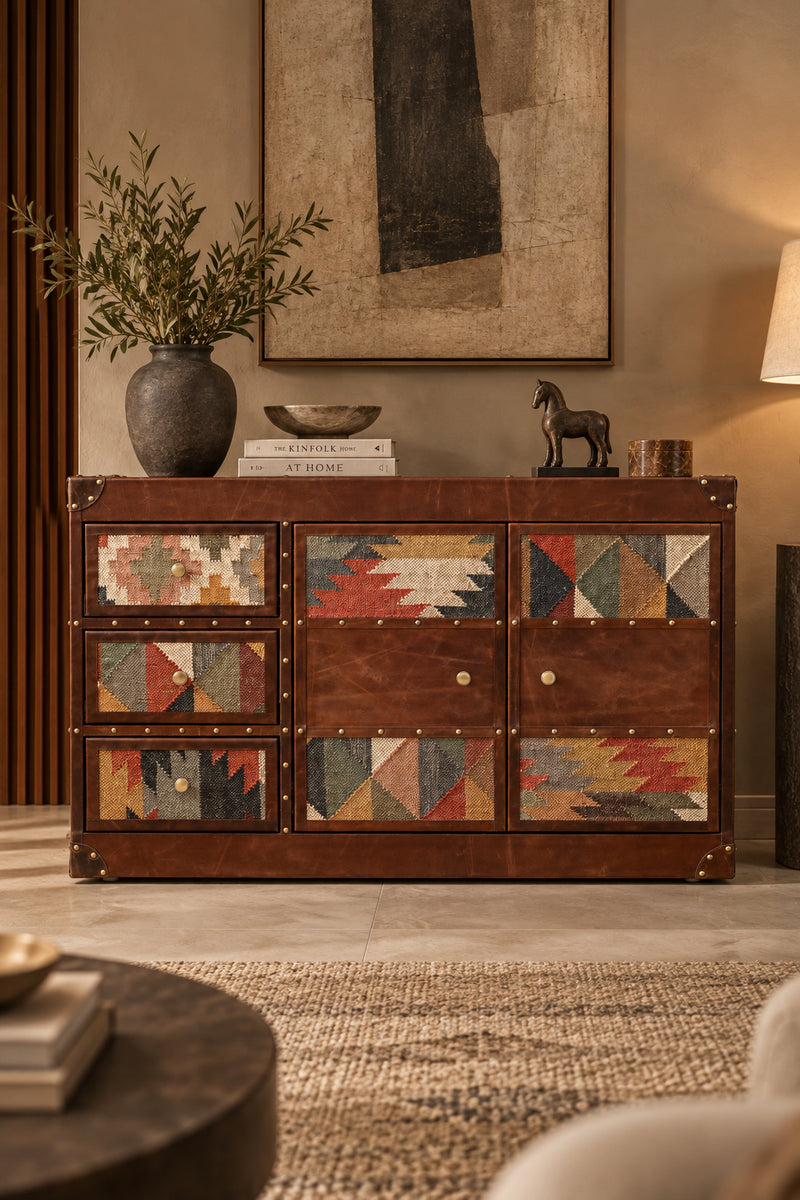 Nimaj Kilim & Leather Sideboard with three kilim drawers, kilim-and-leather cupboard doors and brass-studded leather binding — Art Avenue, made to order