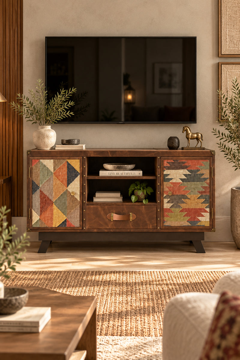 Mukundgarh kilim and leather TV unit by Art Avenue, a desk-height media cabinet with kilim-panelled doors, styled in a living room — made to order