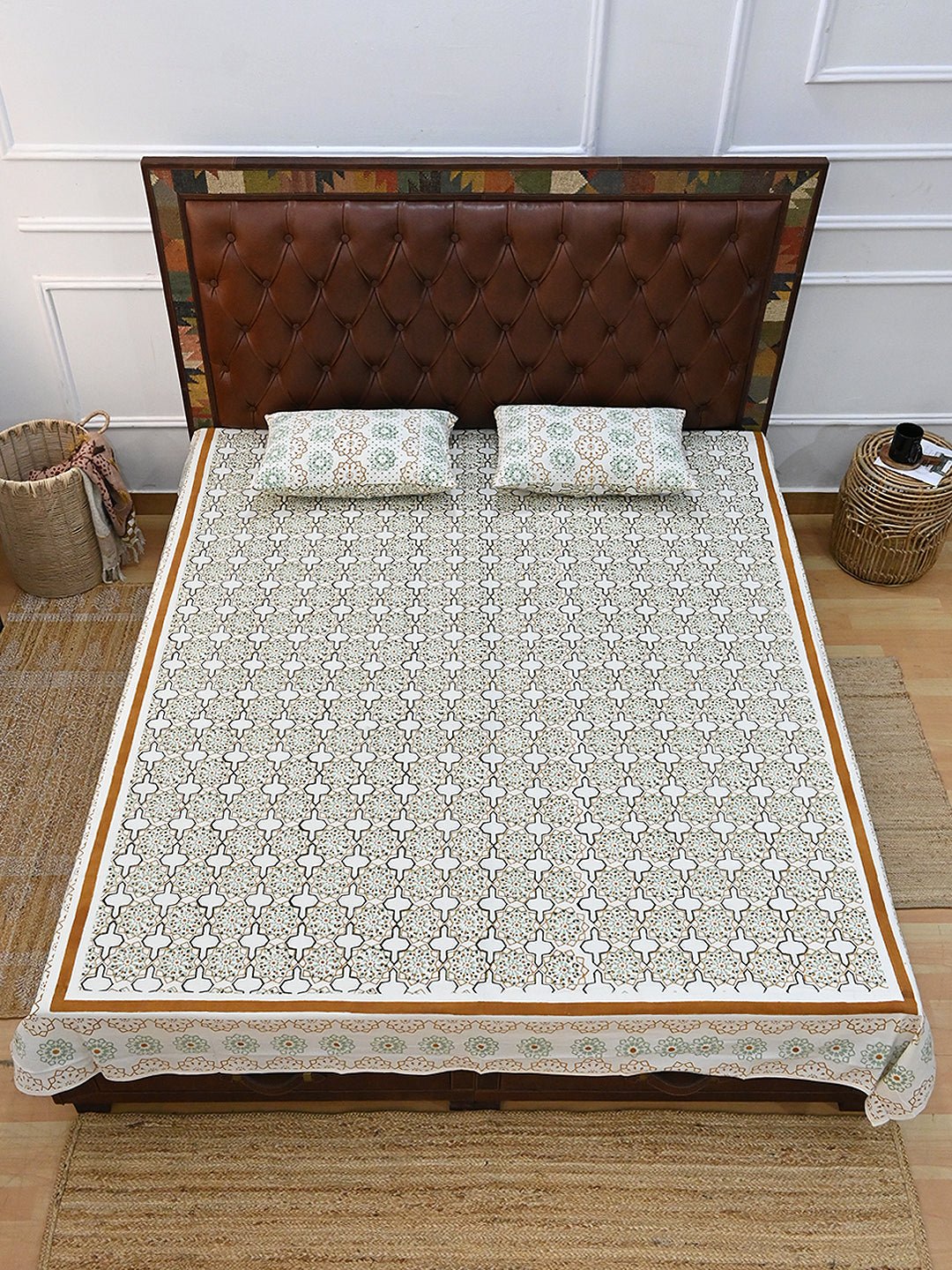 MUGHAL JHAROKHA COTTON BLOCK PRINTED DOUBLE BEDSHEET WITH PILLOW - ART AVENUE