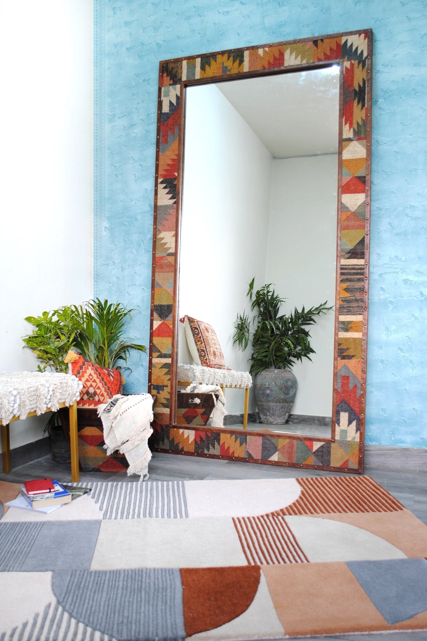 DARPAN - KILIM & LEATHER WALL MOUNT MIRROR - ART AVENUE