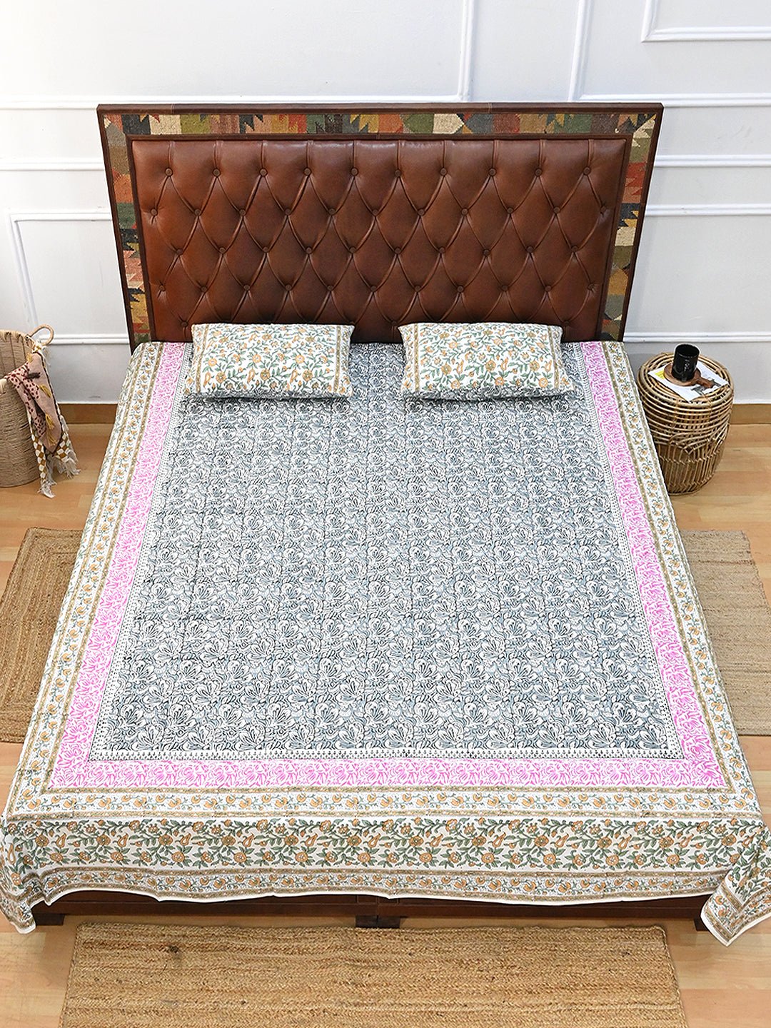 CHINTZ FLORAL COTTON PRINTED DOUBLE BEDSHEET WITH PILLOW - ART AVENUE