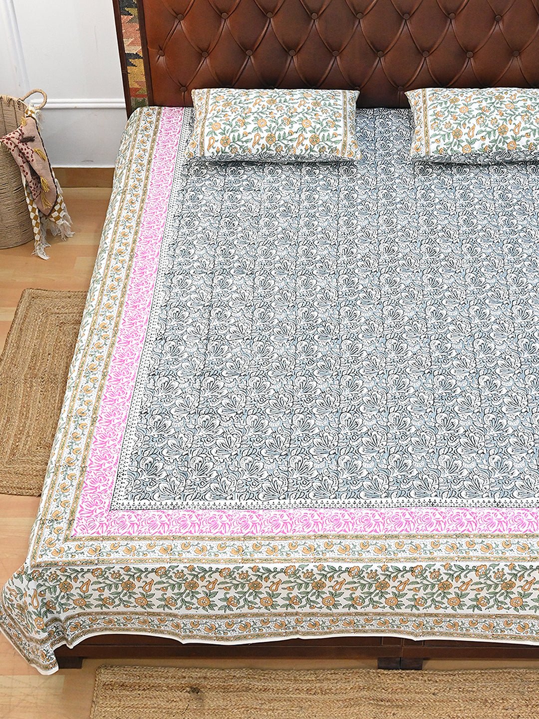 CHINTZ FLORAL COTTON PRINTED DOUBLE BEDSHEET WITH PILLOW - ART AVENUE