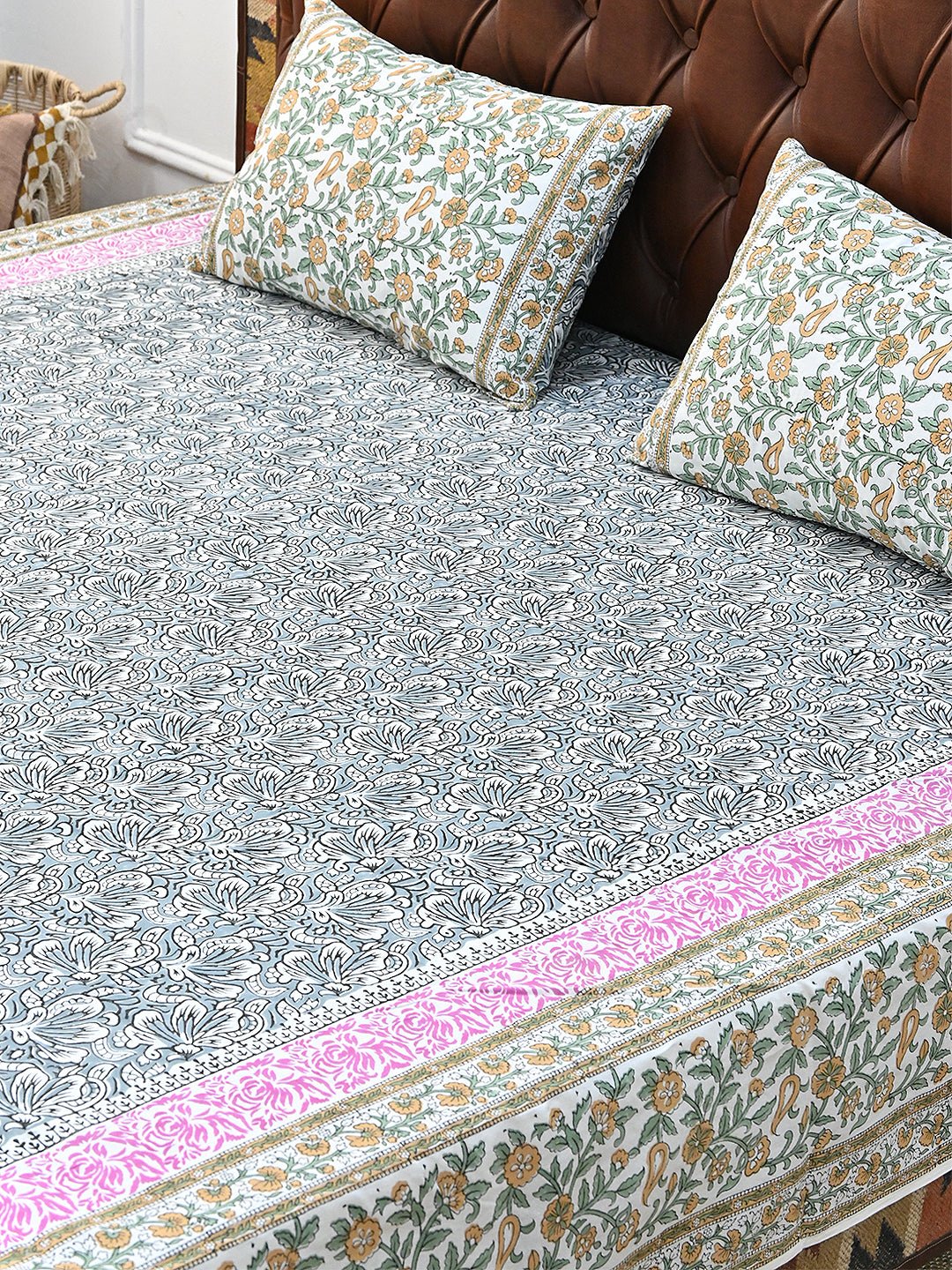 CHINTZ FLORAL COTTON PRINTED DOUBLE BEDSHEET WITH PILLOW - ART AVENUE