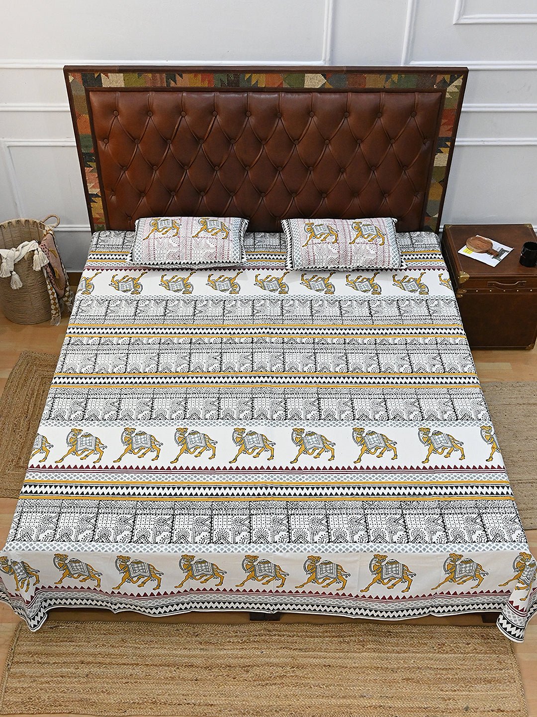 TRADITIONAL CAMEL COTTON PRINTED DOUBLE BEDSHEET WITH PILLOW - ART AVENUE