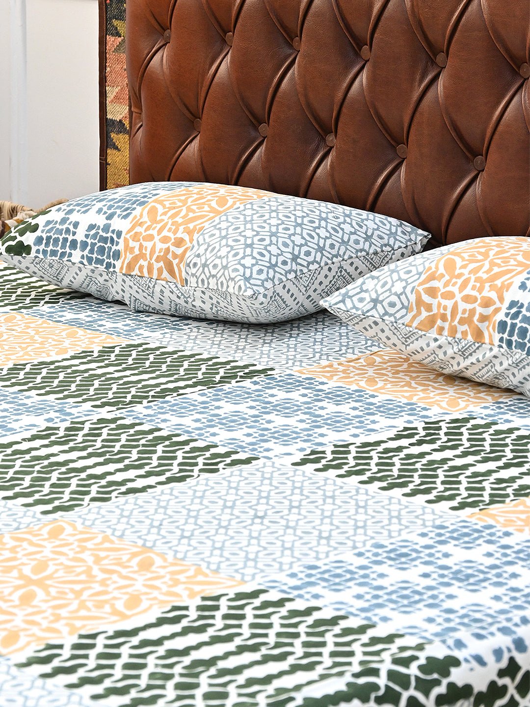BOHEMIAN GEOMETRIC COTTON PRINTED DOUBLE BEDSHEET WITH PILLOW - ART AVENUE