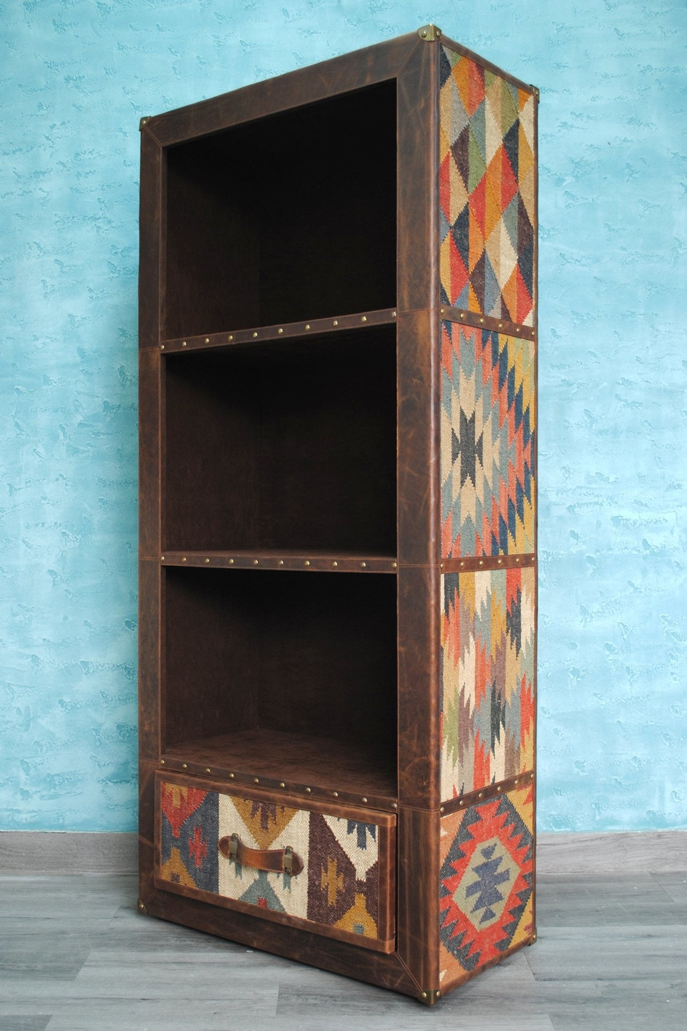 EXPAT- KILIM AND LEATHER STORAGE SHELF/RACK - ART AVENUE
