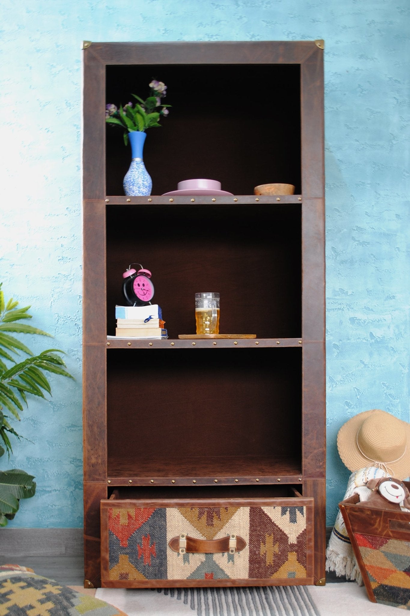 EXPAT- KILIM AND LEATHER STORAGE SHELF/RACK - ART AVENUE