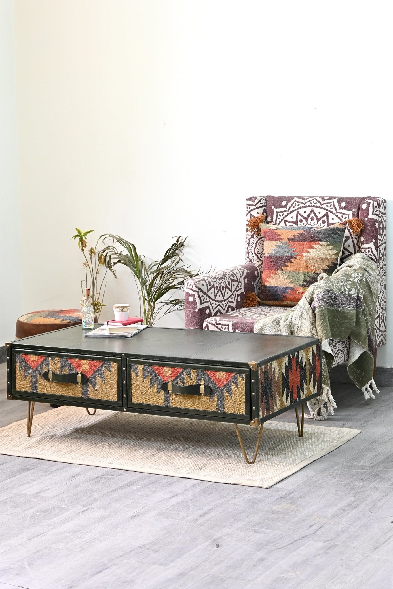 SABINE COFFEE TABLE IN KILIM & LEATHER - ART AVENUE