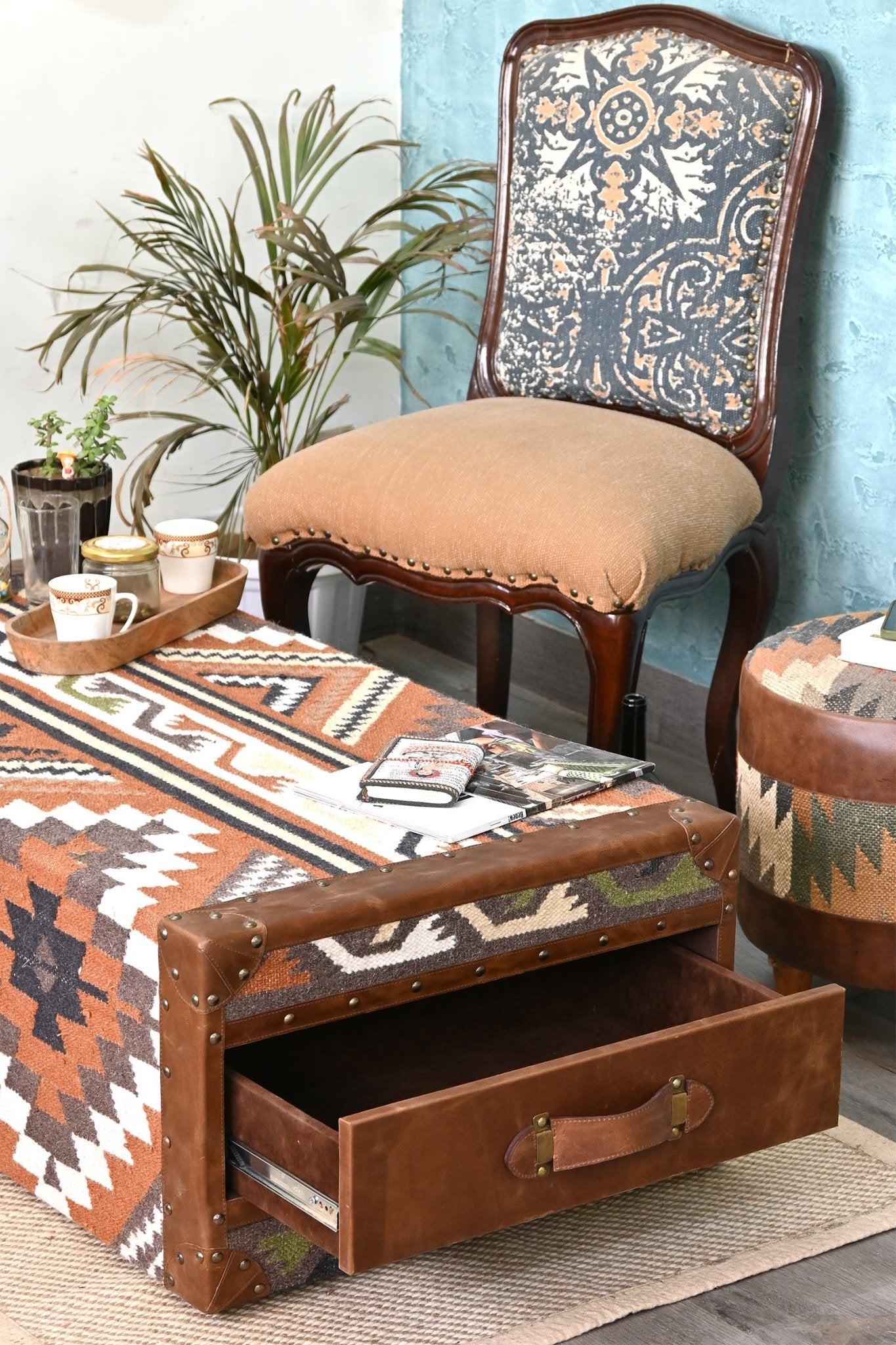 MOONSHINE COFFEE TABLE IN HANDWOVEN KILIM WITH TWO DRAWERS - ART AVENUE