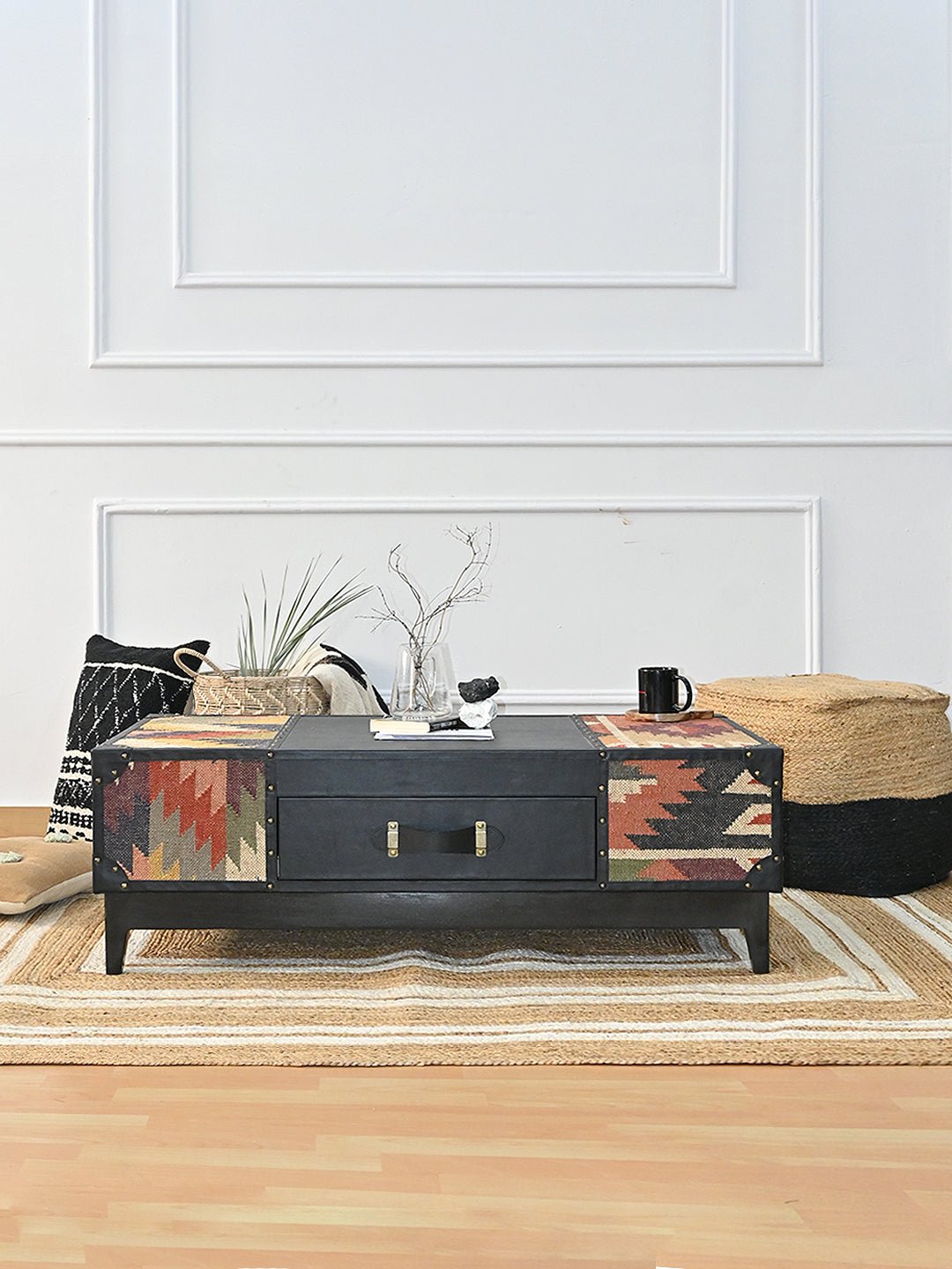 RAMPUR COFFEE TABLE - KILIM AND LEATHER - ART AVENUE