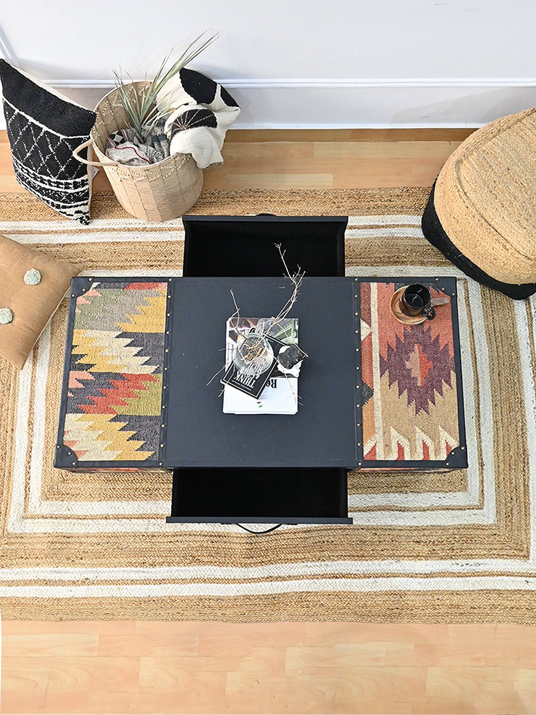 RAMPUR COFFEE TABLE - KILIM AND LEATHER - ART AVENUE