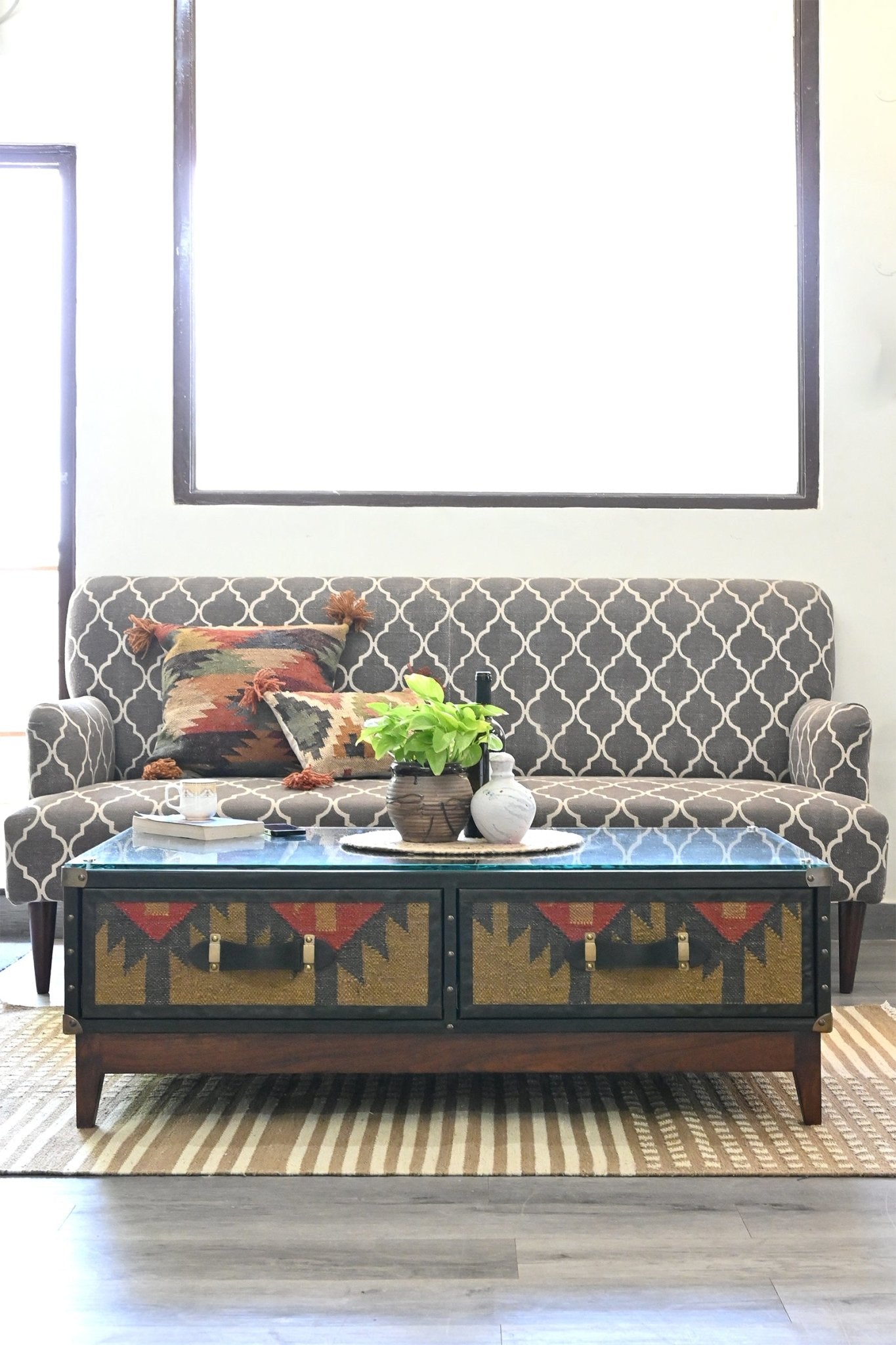 EVELYN COFFEE TABLE IN KILIM & LEATHER - ART AVENUE