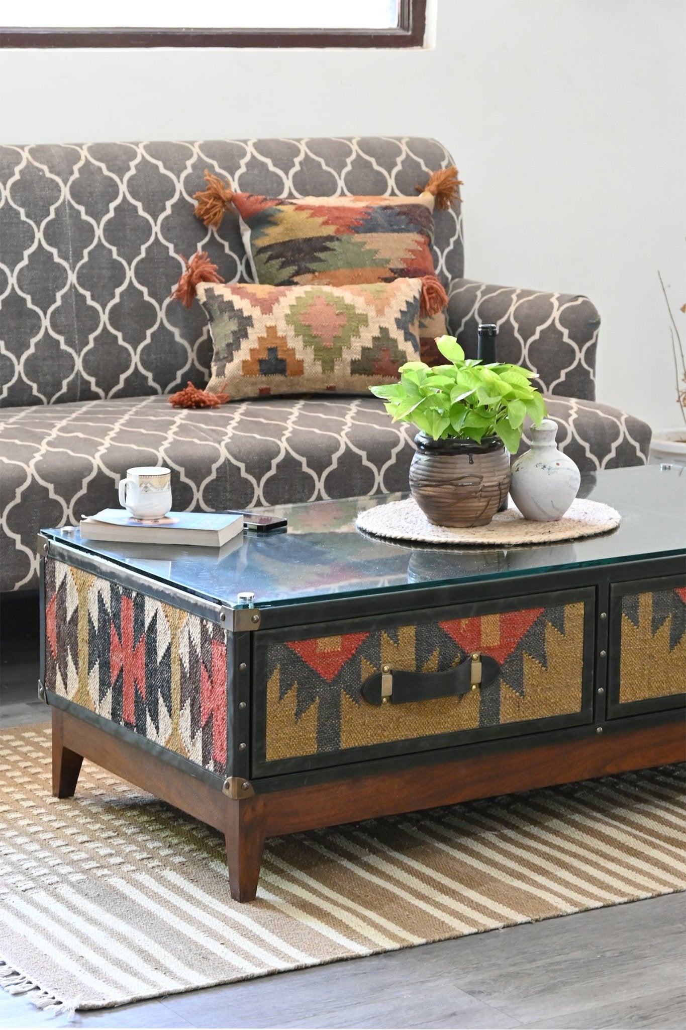 EVELYN COFFEE TABLE IN KILIM & LEATHER - ART AVENUE