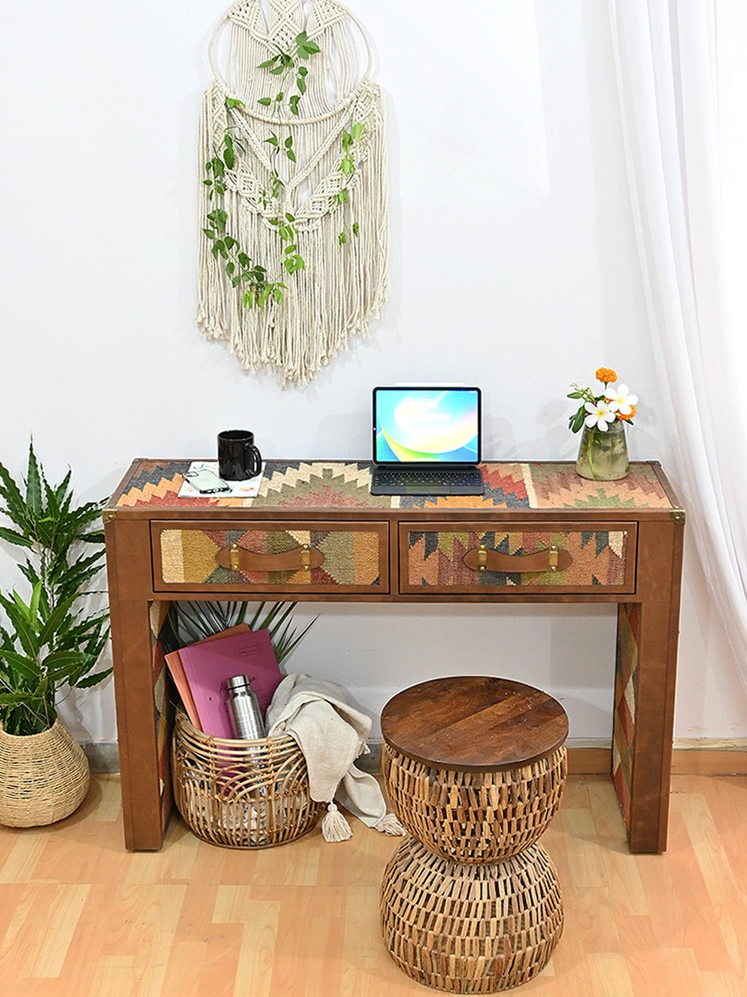 AAHANA- LEATHER & KILIM OFFICE TABLE - ART AVENUE