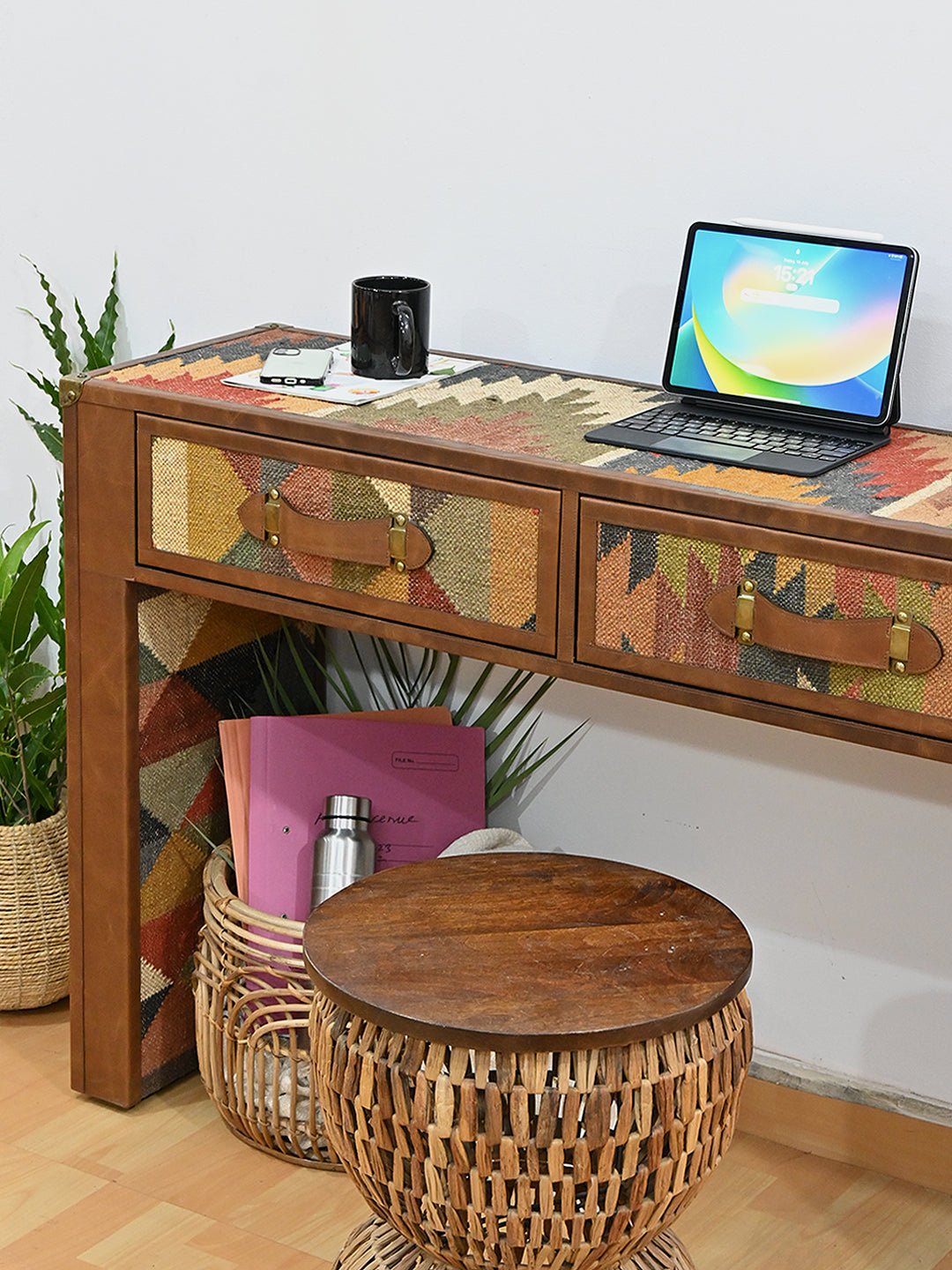 AAHANA- LEATHER & KILIM OFFICE TABLE - ART AVENUE