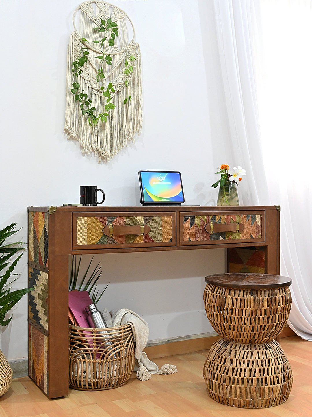 AAHANA- LEATHER & KILIM OFFICE TABLE - ART AVENUE