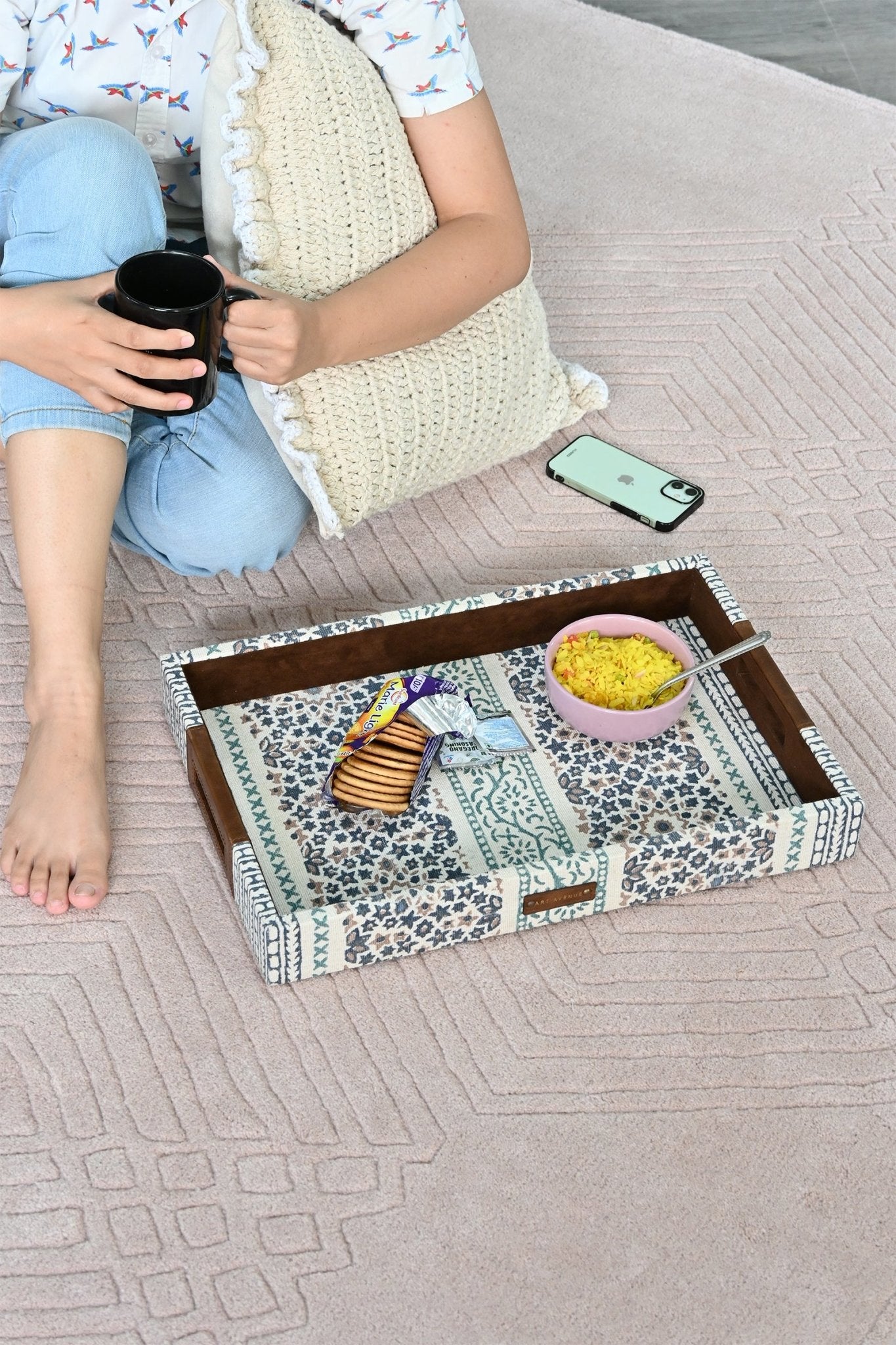 CLARET - LEATHER & COTTON PRINTED DURRIE TRAY - ART AVENUE