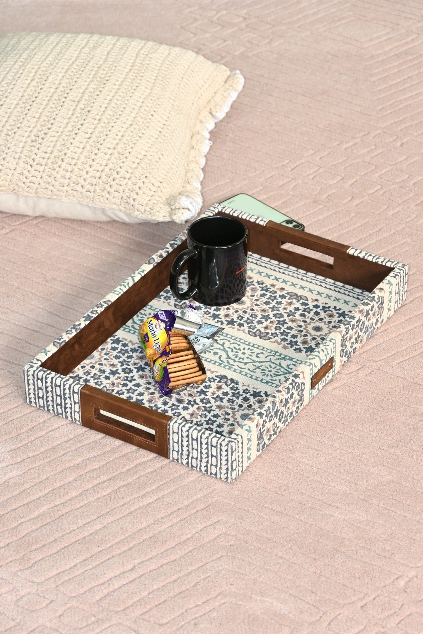 CLARET - LEATHER & COTTON PRINTED DURRIE TRAY - ART AVENUE