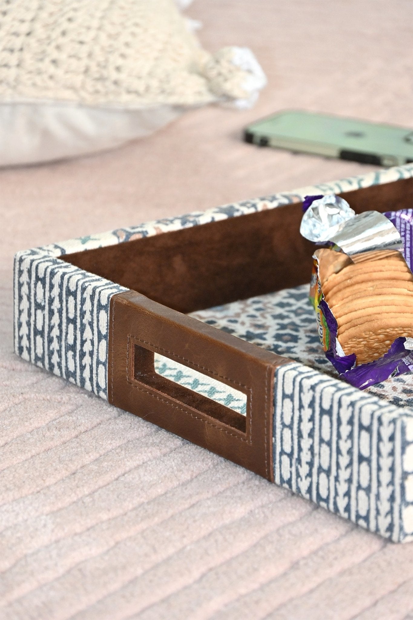 CLARET - LEATHER & COTTON PRINTED DURRIE TRAY - ART AVENUE