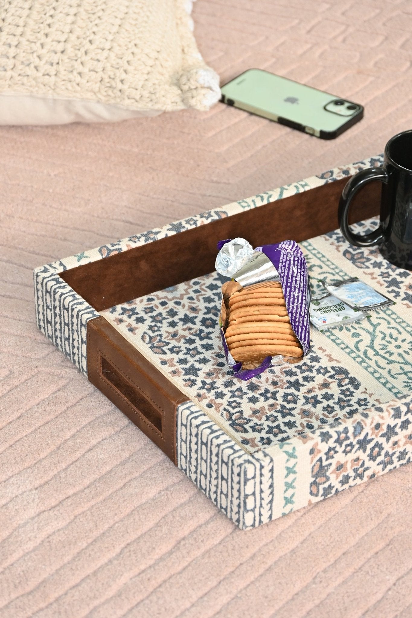 CLARET - LEATHER & COTTON PRINTED DURRIE TRAY - ART AVENUE