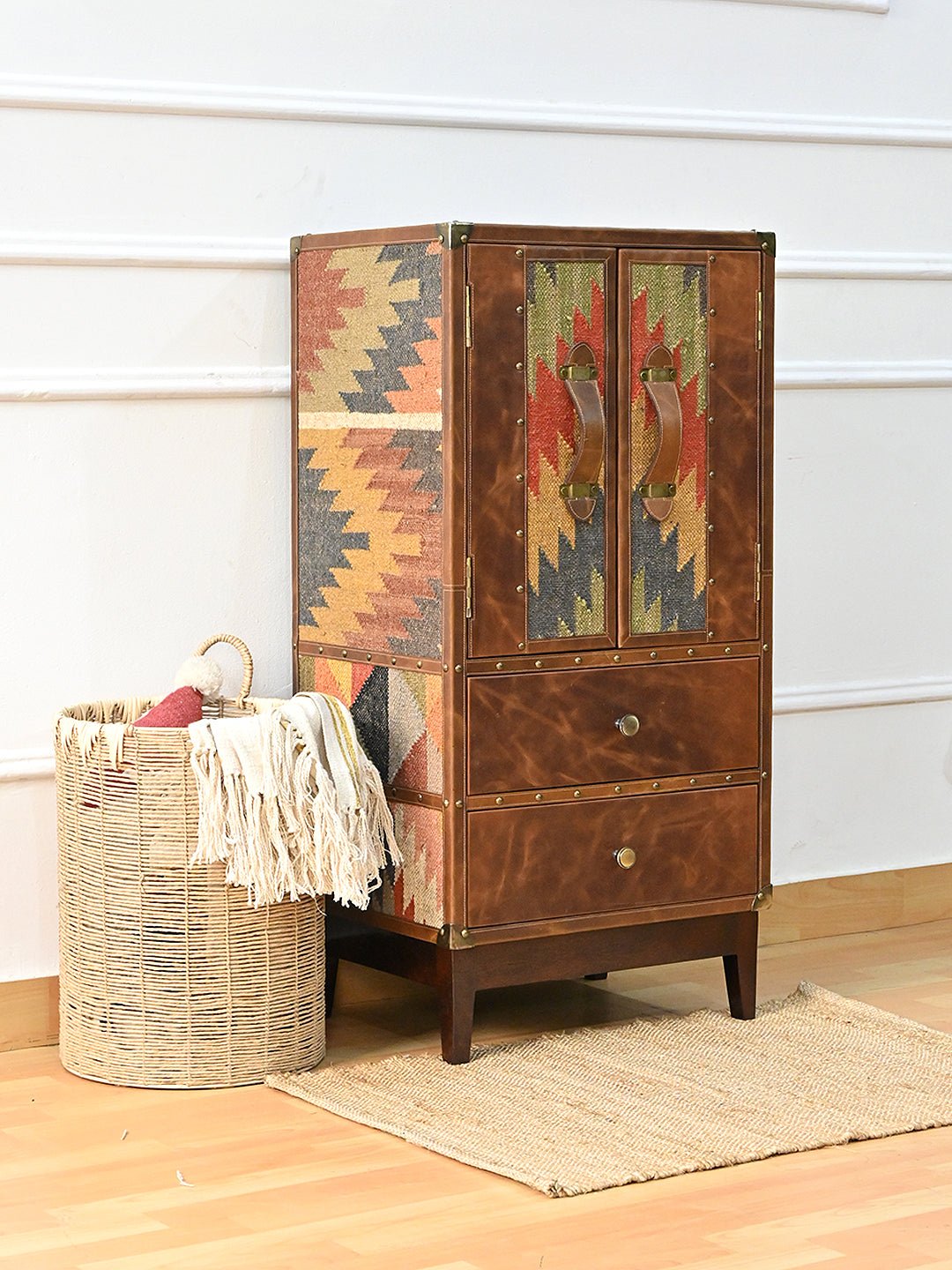 ELEGANCE CABINET WITH DRAWER - KILIM AND LEATHER - ART AVENUE