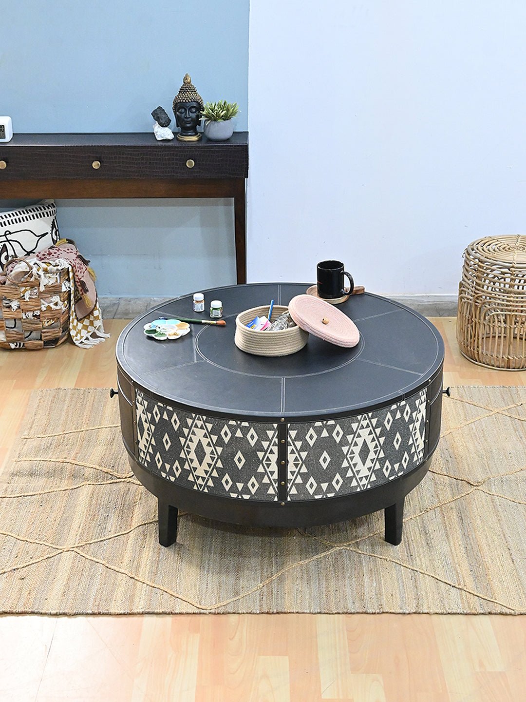 ROUND WOODEN COFFEE TABLE - LEATHER AND DIGITAL PRINTED FABRIC - ART AVENUE