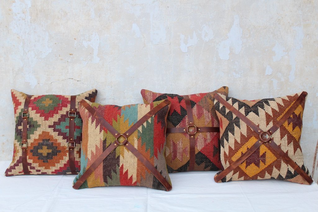 DALE KILIM IKAT & LEATHER CUSHION COVER - ART AVENUE