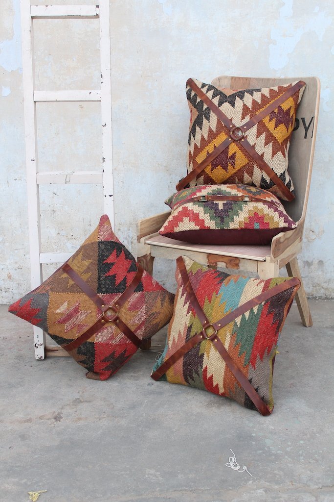DALE KILIM IKAT & LEATHER CUSHION COVER - ART AVENUE