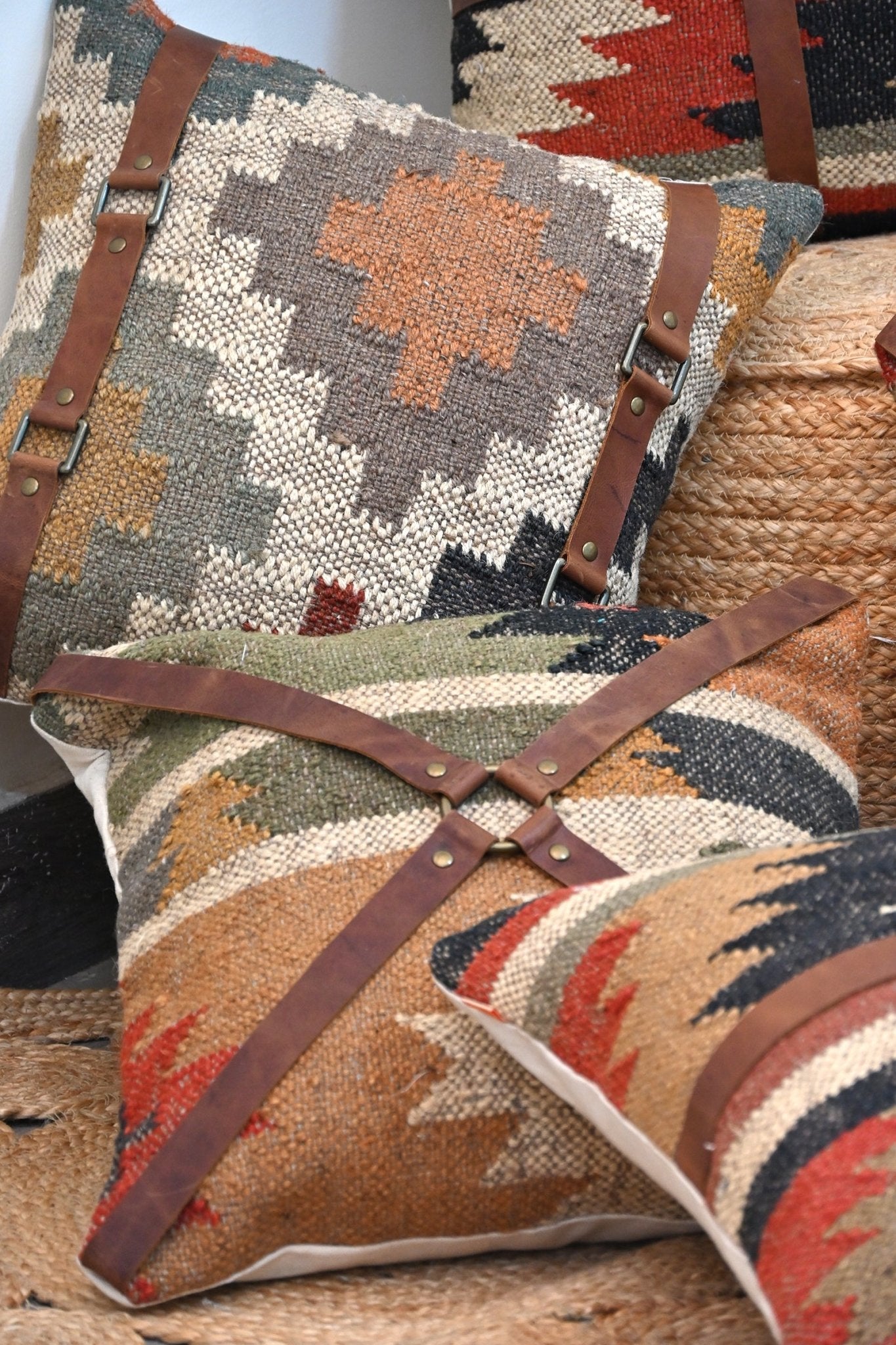 DALE KILIM IKAT & LEATHER CUSHION COVER - ART AVENUE