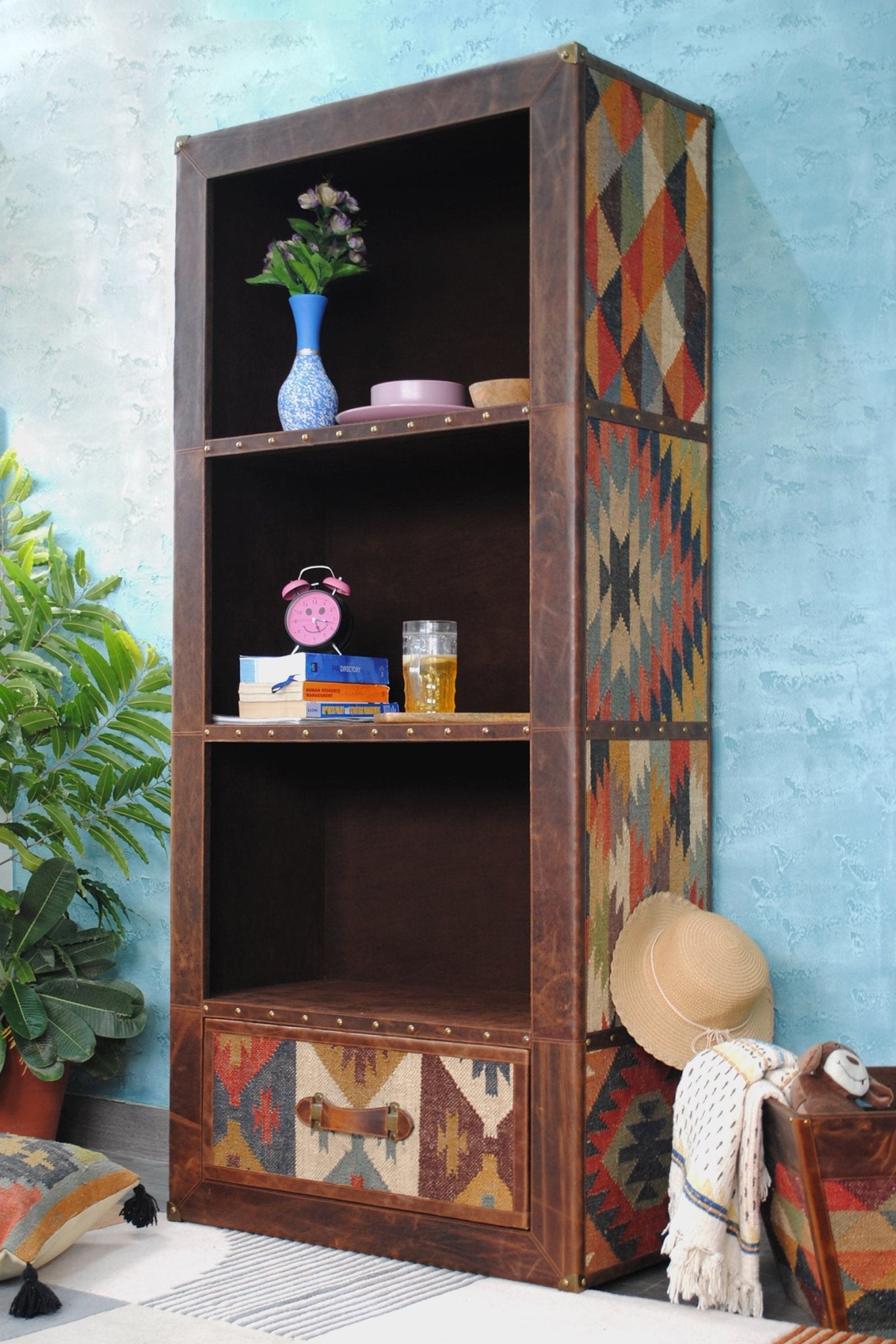 EXPAT- KILIM AND LEATHER STORAGE SHELF/RACK - ART AVENUE