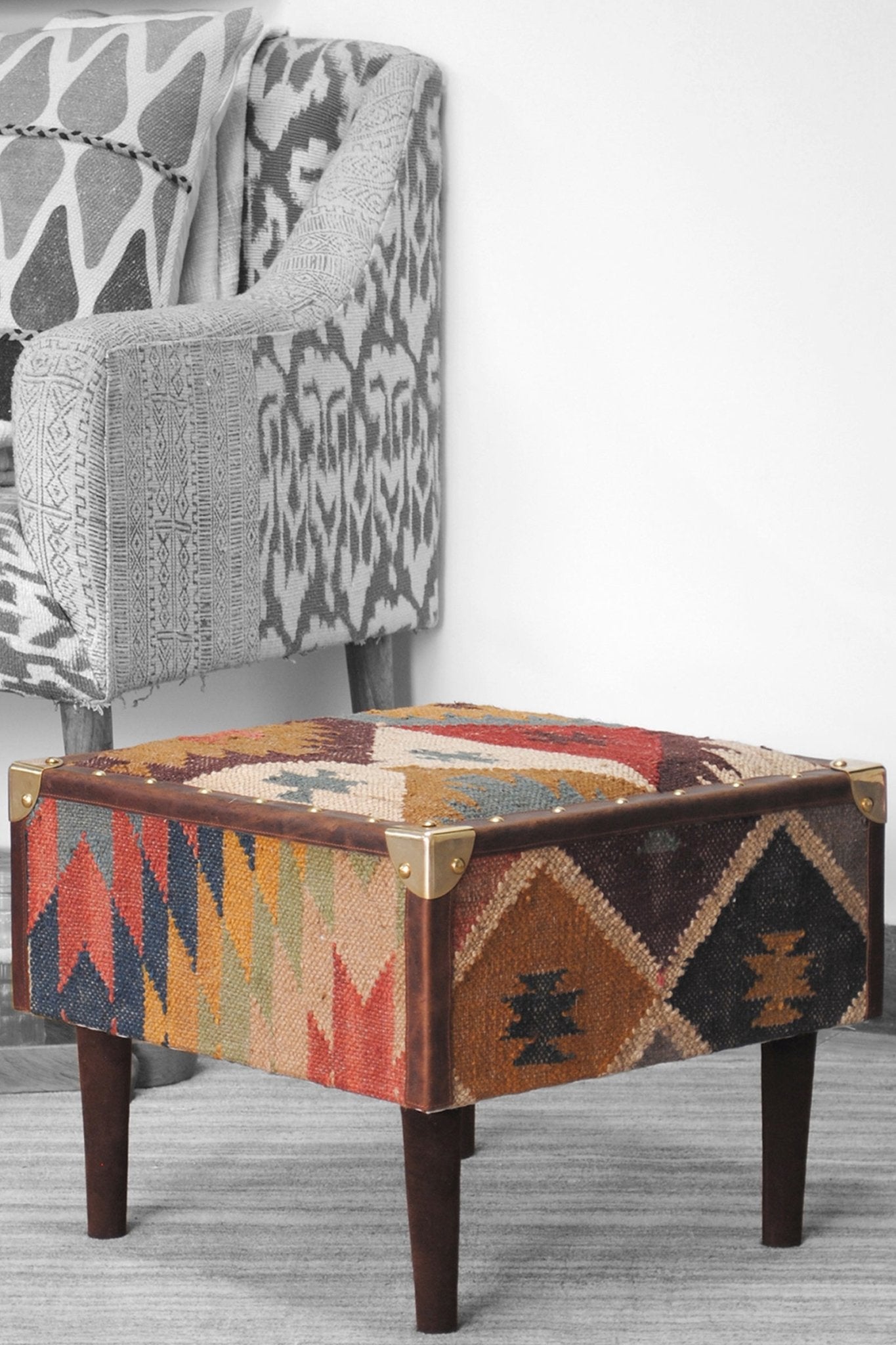 MUDRA - KILIM & LEATHER OTTOMAN - ART AVENUE