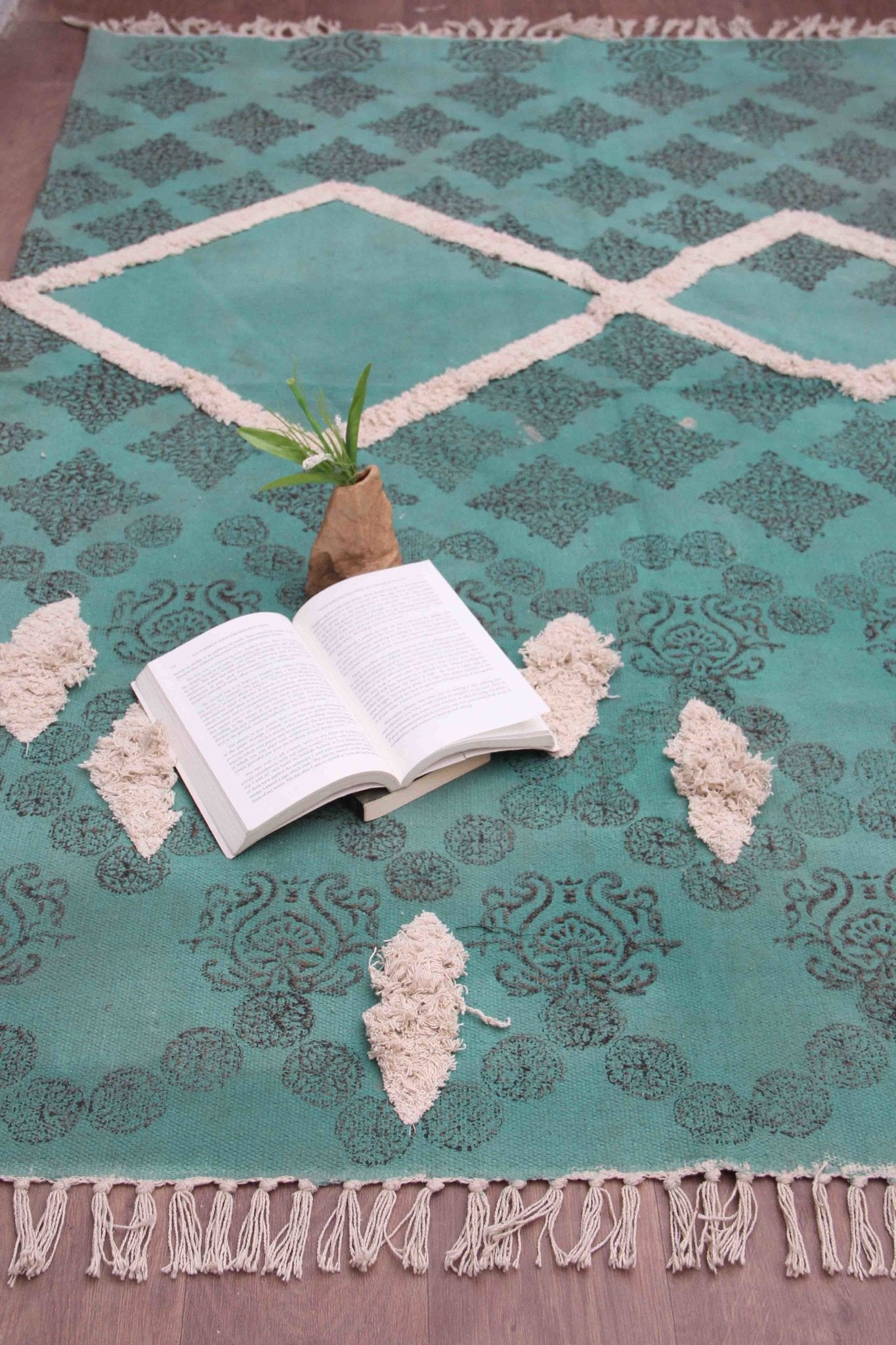 SELF - BLOCK PRINTED RUG - TURQUOISE GREEN - ART AVENUE